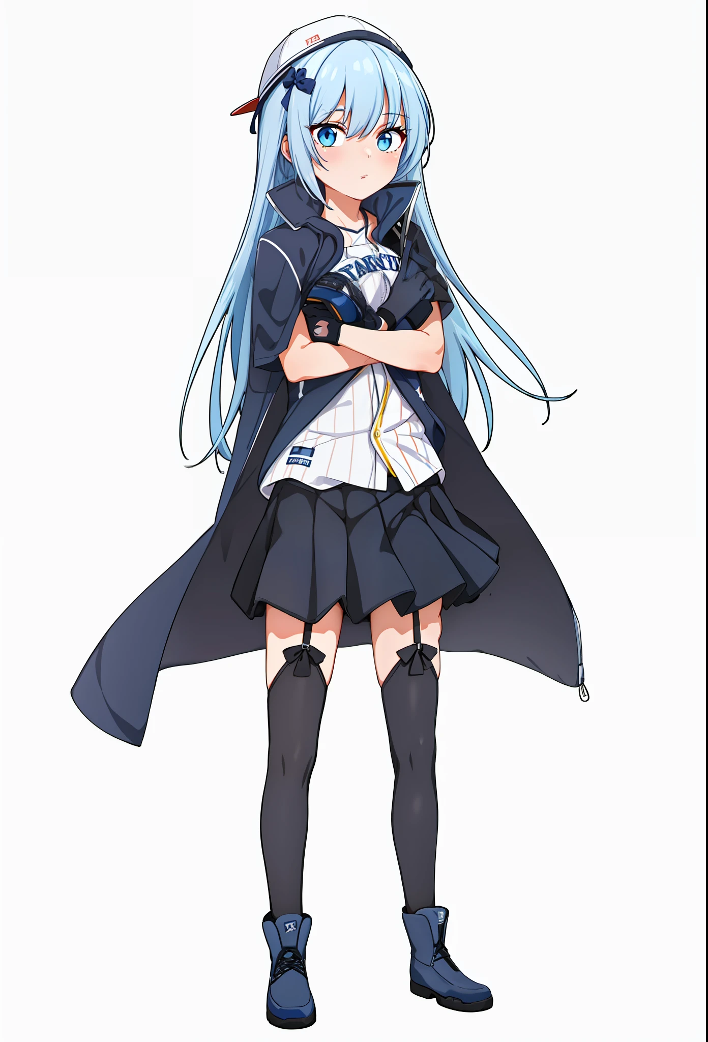 Neocoill， tmasterpiece， Best quality at best， 1girl， Baseball Uniforms， 独奏， Baseball gloves， baseball cap， Hats， baseball， Skysky， sports wear， Clouds， A dark-haired， blue-sky， daysies， halter， The shirt， By bangs， Medium hair，