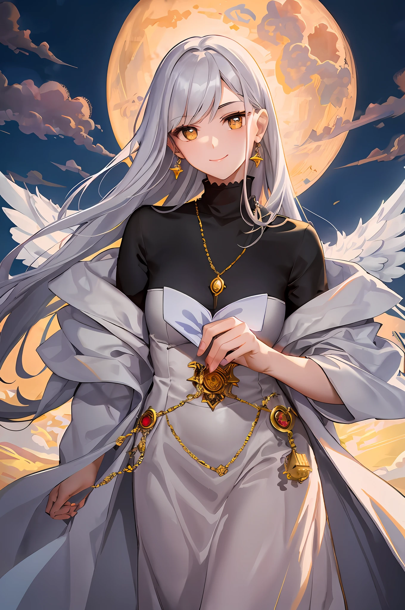 (Need,tmasterpiece),(1girll,solo,Gold-patterned robes,White pants,are standing,Look ahead,The aura of the halo,Golden wings,had his hands folded,White hair,yellow-eyed,Keep one's mouth shut,Upper body body) ,(cloudless sky,smog,Pillar of light,Abandoned temple background),There is a magic array under the feet,Bigchest,ssmile,Outline your figure