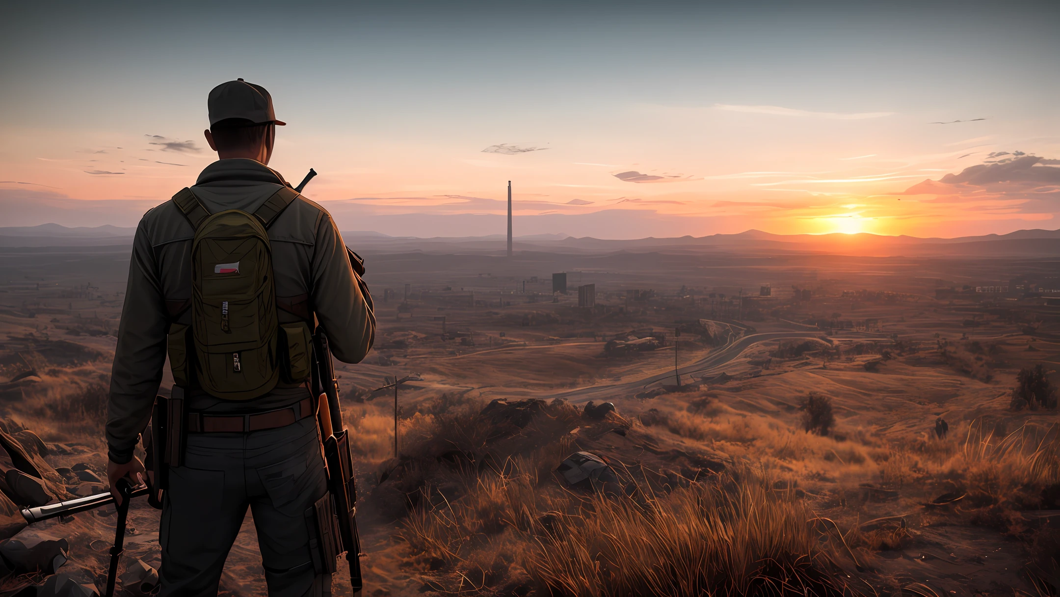 A man holding an ak 47 in a post apocalyptic world at sunset hdr 4k