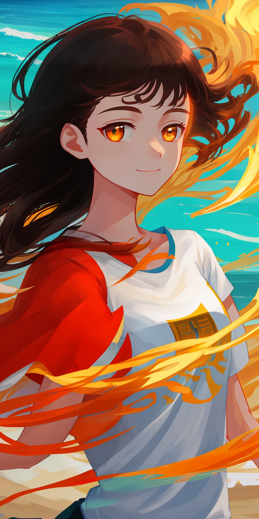 film effect,Fancy effects,complexdetails,animesque,sideface,whaite hair,little breast,独奏,littlegirl,Petite white T-shirt,ssmile,Be red in the face,The light from the back window is backlighted,The lens is close,Upper body body,Hands down,Body facing to the left,beachside,