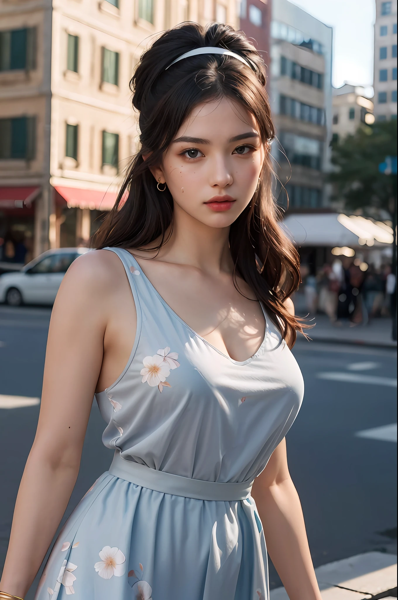 ((masterpiece)), (ultra detailed), ((realistic)), (better Quality), 1girl, A woman wearing an Dress The woman is wearing a gray dress witha floral print. The dress has a v-neckline and a sleeveless design. It has a loose fit and is made from a lightweight fabric. The dress is paired , Jordan shoes, long hair, hair band, and a beautiful face, is going shopping in a crowded street. The focus is on her, and the photography style is street photography. 8k smooth, clear facial features, realistic, photography, photoreal, (high definition :1.0),(Realism:1.4), Waist Shot(WS), (Realistic skin:1.4), (Exquisite and clear portrait:1.4), (high resolution:1.4), (Fashion portrait photography:1.4), (photos realistic:1.4), (Super realistic:1.4), (Realistic:1.3), (Smoother lighting:1.05), (Improve the quality of film lighting:0.9), (realism:2.0), (realistic skin:1.7), (natural light:1.2),