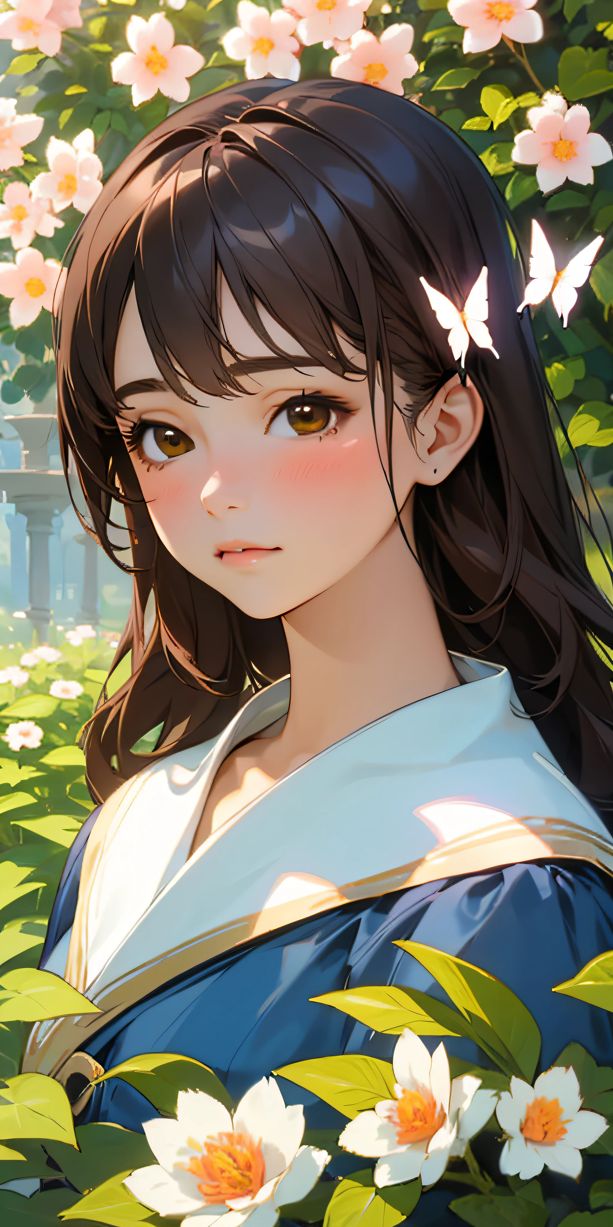 (best quality, masterpiece, ultra-realistic), portrait of 1 beautiful and delicate girl, with a soft and peaceful expression, the background scenery is a garden with flowering bushes and butterflies flying around.