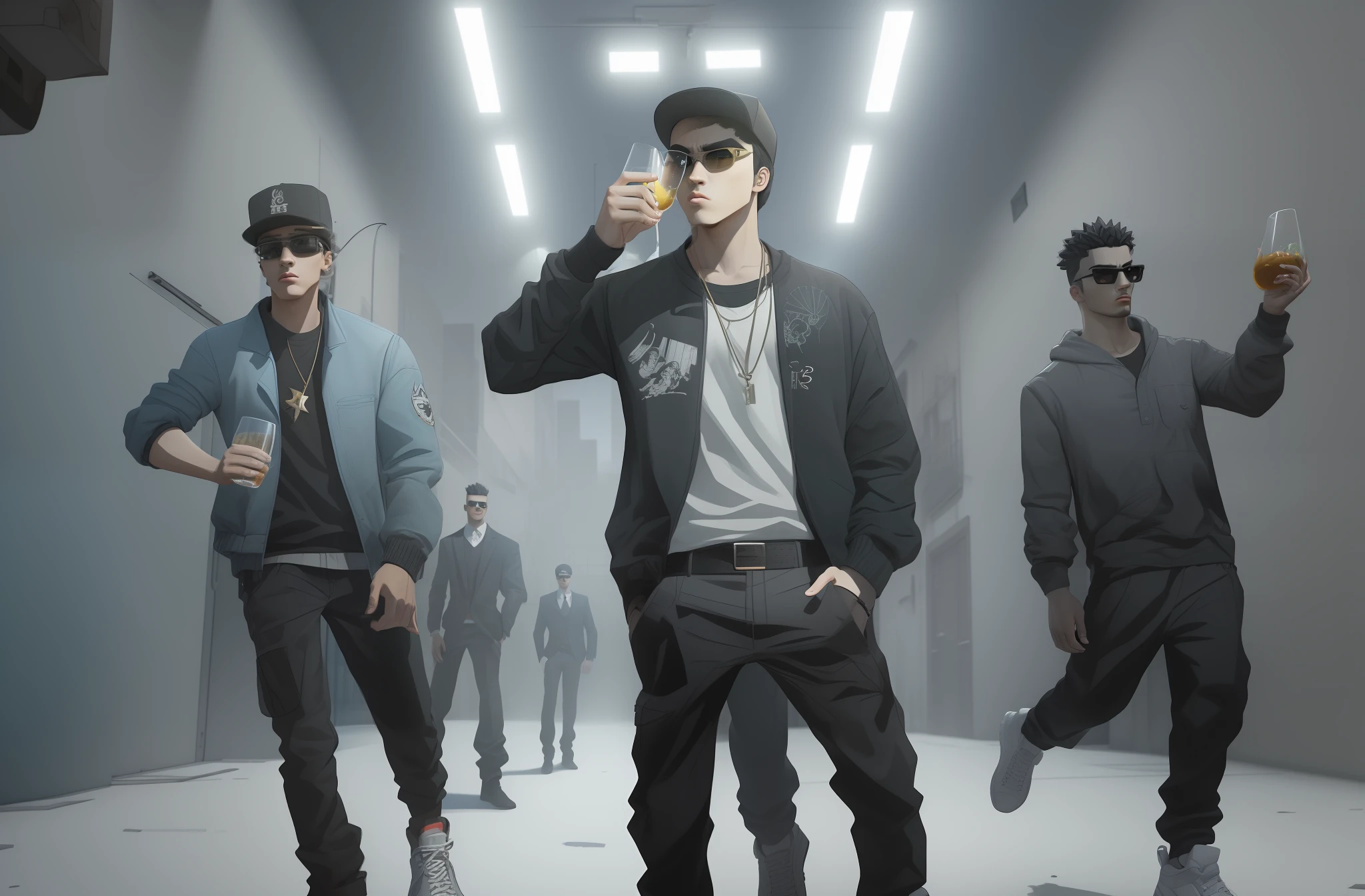 Create a 3D animation depicting three young gangsters with hip hop style. Um deles deve ter um charuto na boca, another holding a glass and the last holding money. Emphasize a boeate scenario with dancing women