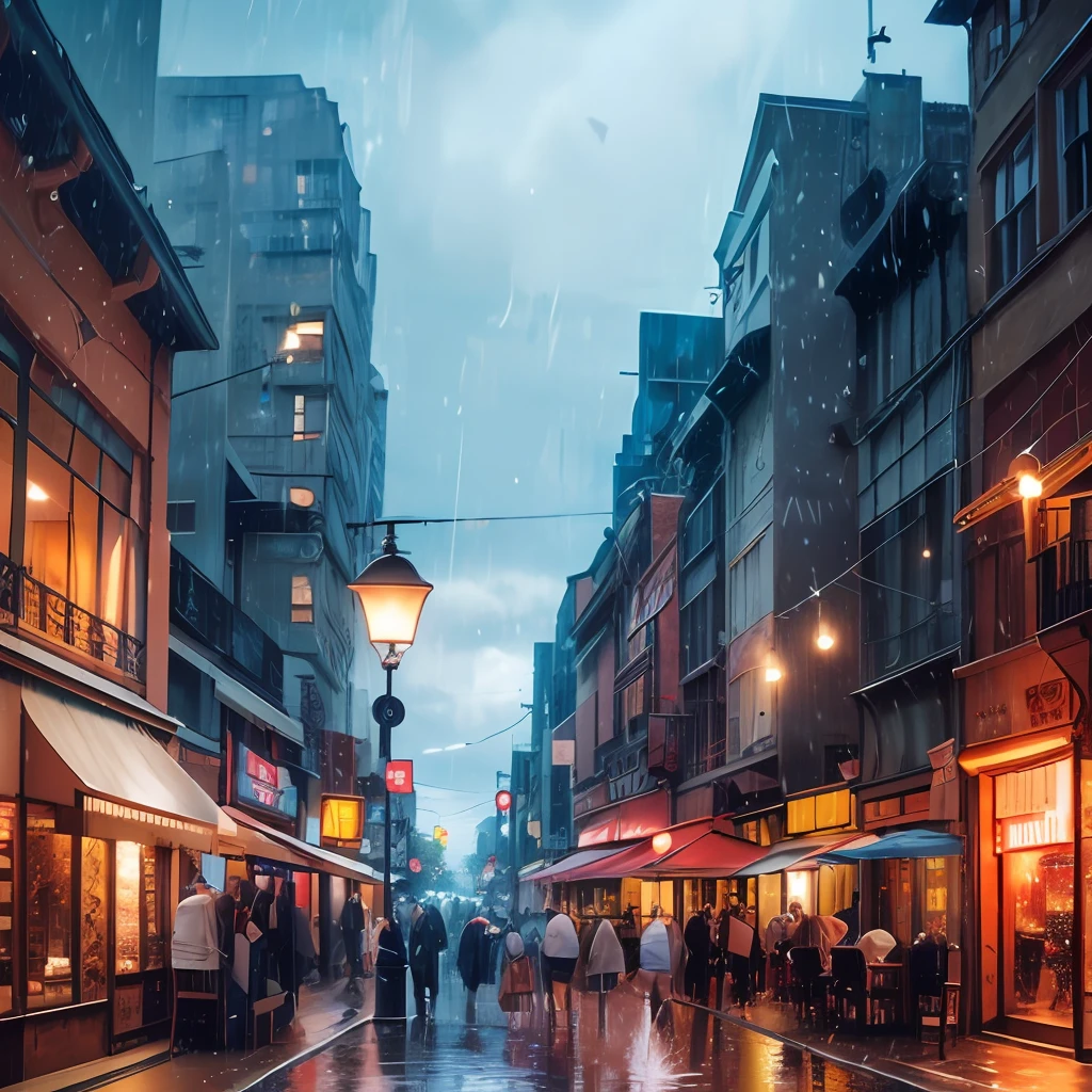 Landscape painting, heavy rain, bar, late at night, street lights, artwork like Makoto Shinkai, high resolution, --auto --s2