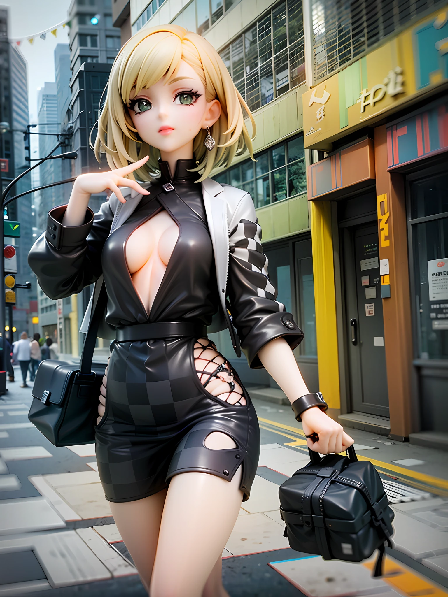 street fashion theme, black and white, character with confident and creative expression, outfit with checkered pattern as accent, checkered accessories, blonde bob hair, medium hair length, green eyes, confident pose, city background,