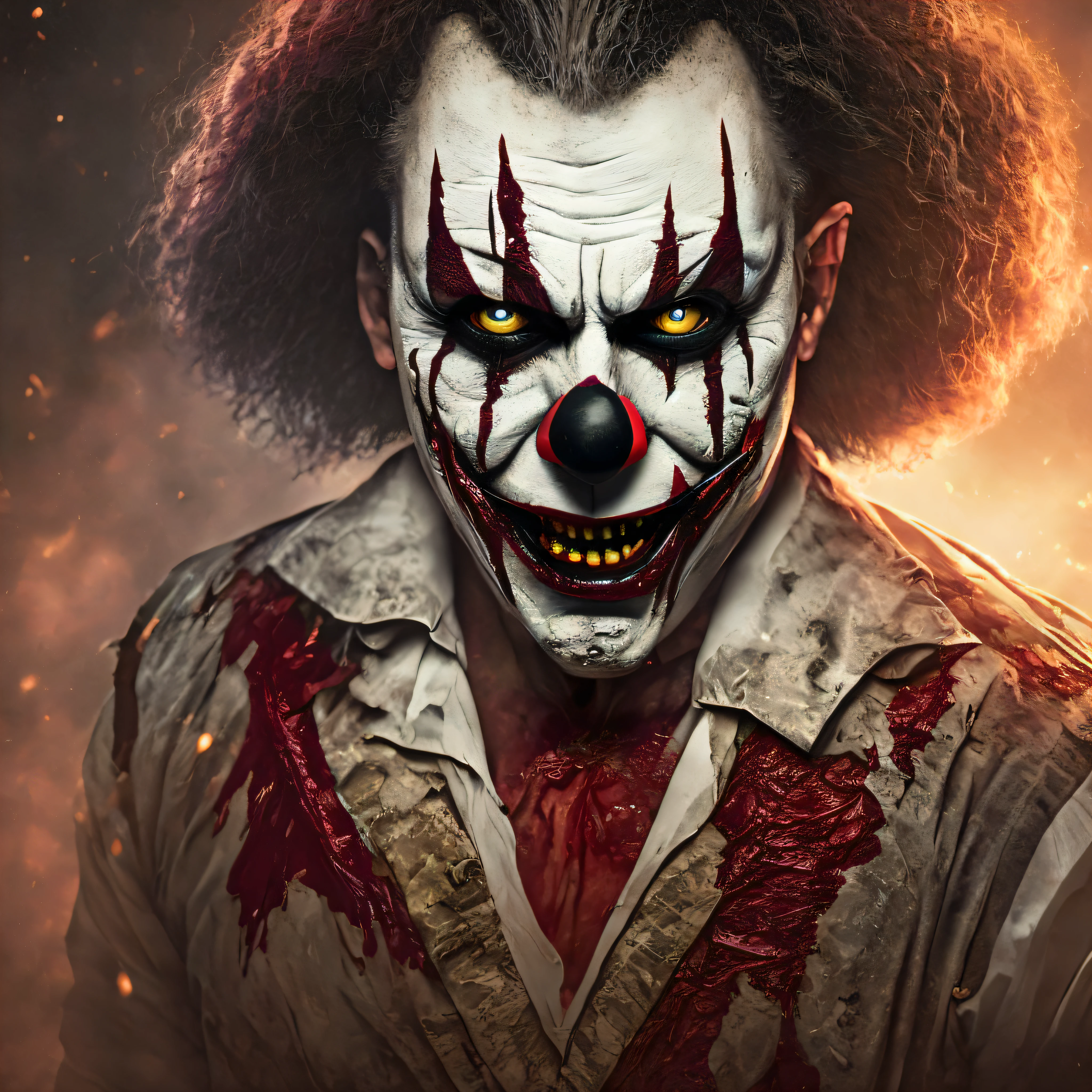 A gruesome image showcasing an evil clown covered in blood, their costume torn and stained, hinting at the violence and horror they have unleashed, Ultra realism, color field printing, high detail, UHD, 8k, anatomically correct, cinematic lighting 4d quality --auto