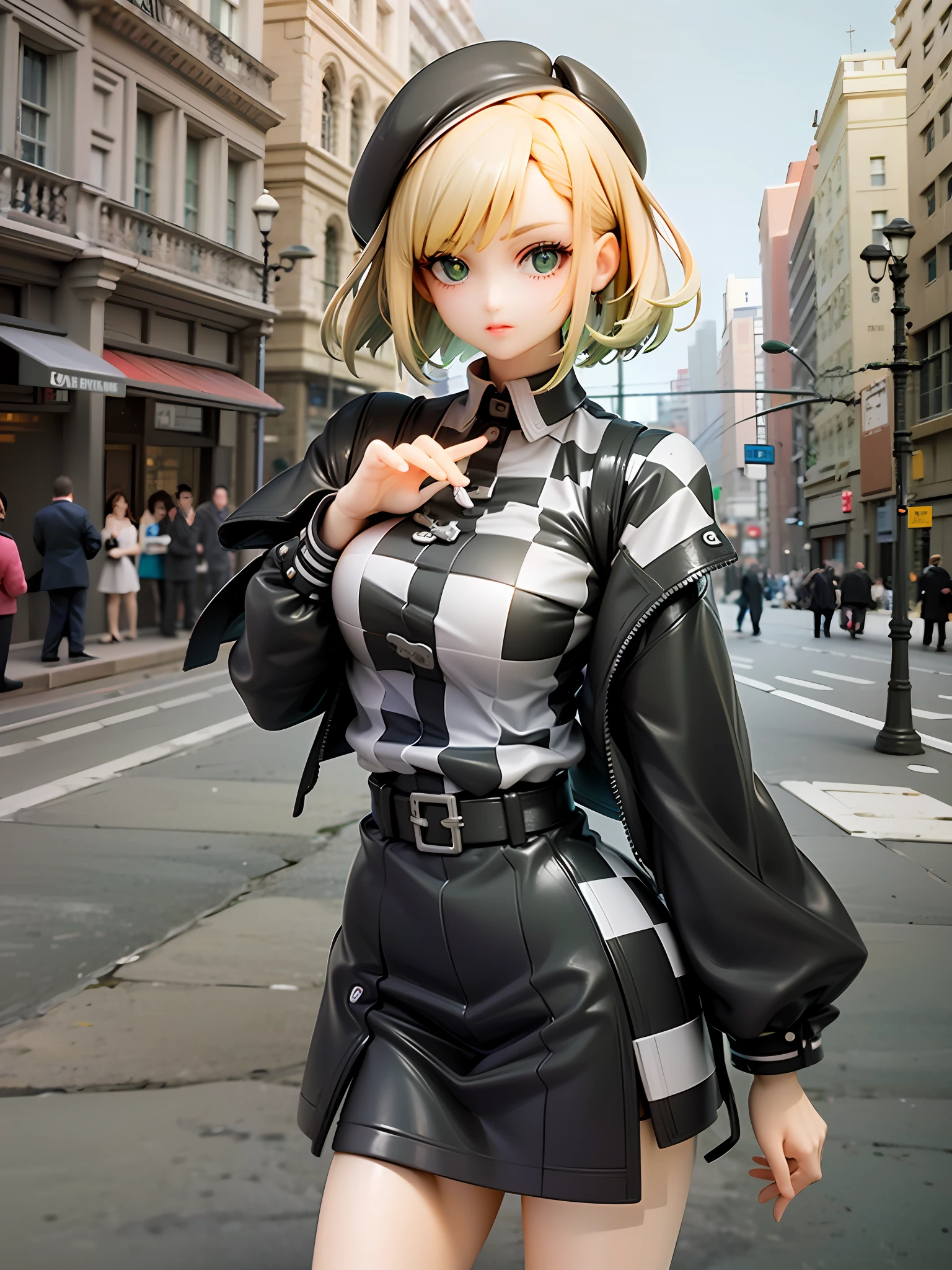 street fashion theme, black and white, character with confident and creative expression, outfit with checkered pattern as accent, checkered accessories, blonde bob hair, medium hair length, green eyes, confident pose, city background,