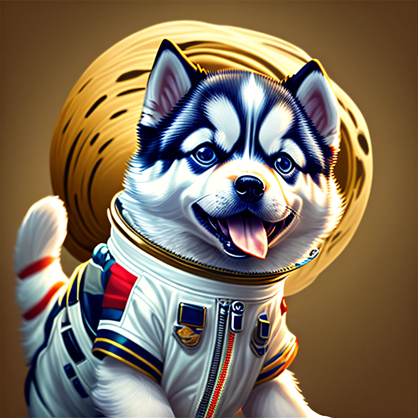 Baby husky dog dressed as an astronaut flying in space happy, showing tongue or licking, cute detailed digital art --auto