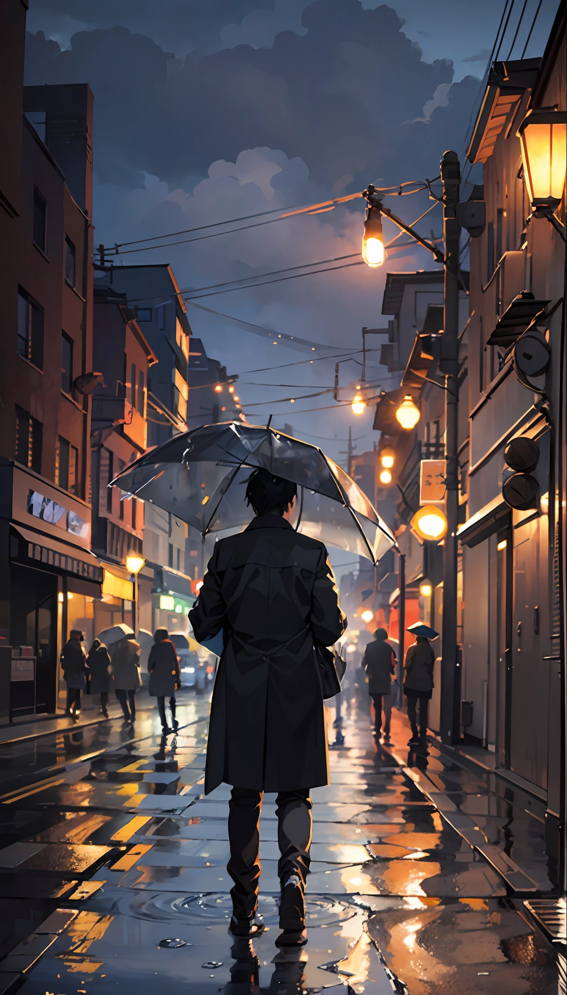Landscape painting, heavy rain, getting wet a man standing in the middle looking into the distance, late at night, street lights, illustrations like Makoto Shinkai, high resolution --auto --s2