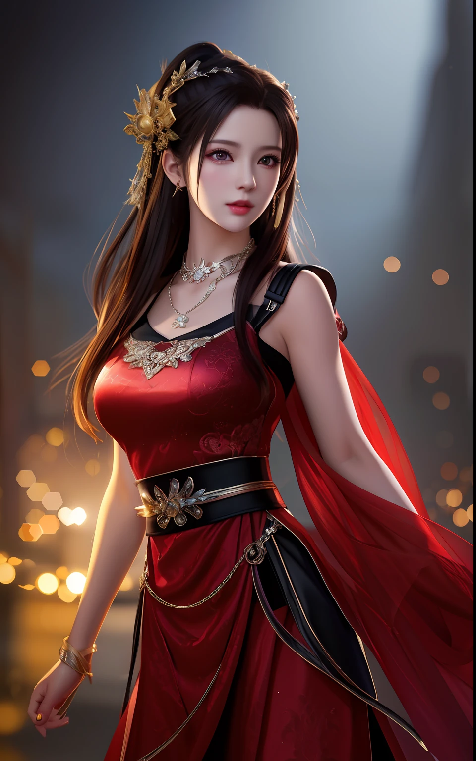 a close up of a woman in a red dress with long hair, beautiful alluring anime woman, a beautiful fantasy empress, inspired by Du Qiong, seductive tifa lockhart portrait, ((a beautiful fantasy empress)), seductive anime girl, beautiful anime woman, glamorous tifa lockheart, beautiful avatar pictures, mai shiranui, lady in pink armor, tifa, (lingerie:1.2), photo realistic, upon_body, tyndall effect, photorealistic, dark studio, rim lighting, two tone lighting, (high detailed skin:1.2), 8k uhd, dslr, soft lighting, high quality, volumetric lighting, candid, Photograph, high resolution, 4k, 8k, Bokeh, breast out,, (purple eyes color), (transparent armor:1.0), big breast,