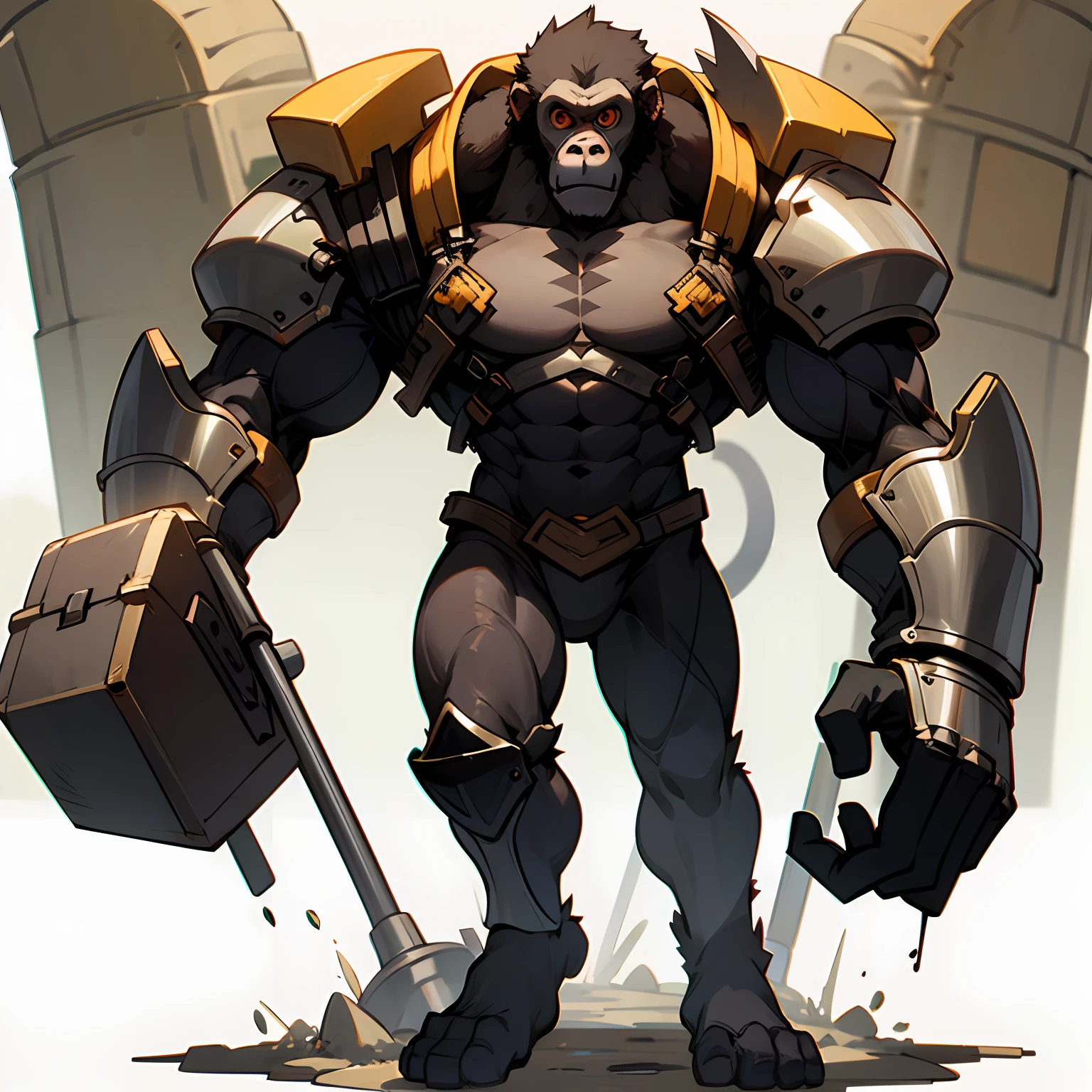 Male monkey, gorilla, Wearing machine armor、He has a huge hammer, The hammer has a banana-shaped motif, Bipedal, Slender, musculine, fullllbody, a white background, without background,No Abandonment, padding:1em