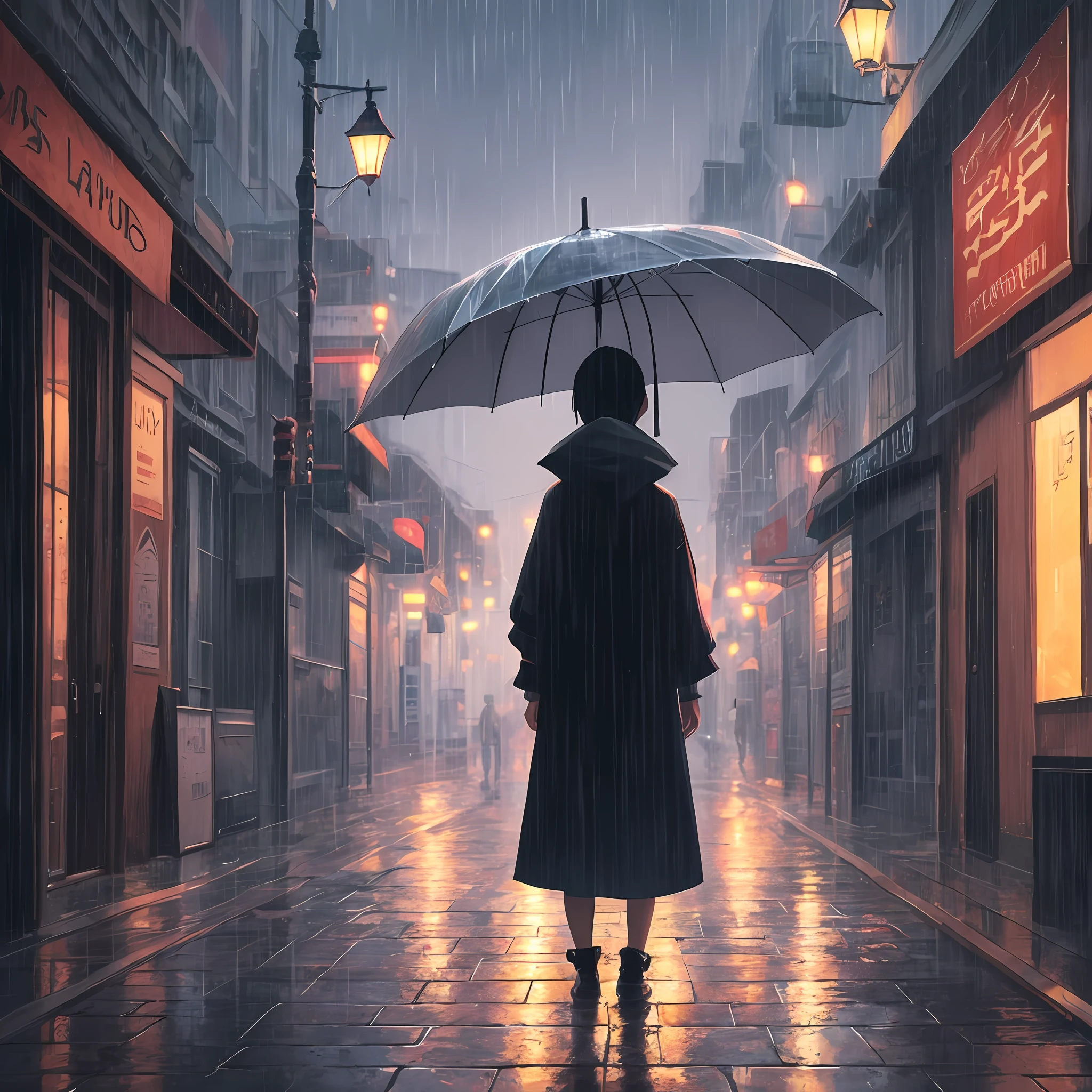 Landscape painting, heavy rain, vinyl umbrella, a woman standing in the middle looking into the distance, late night, street lights, illustrations like Makoto Shinkai, high resolution --auto --s2