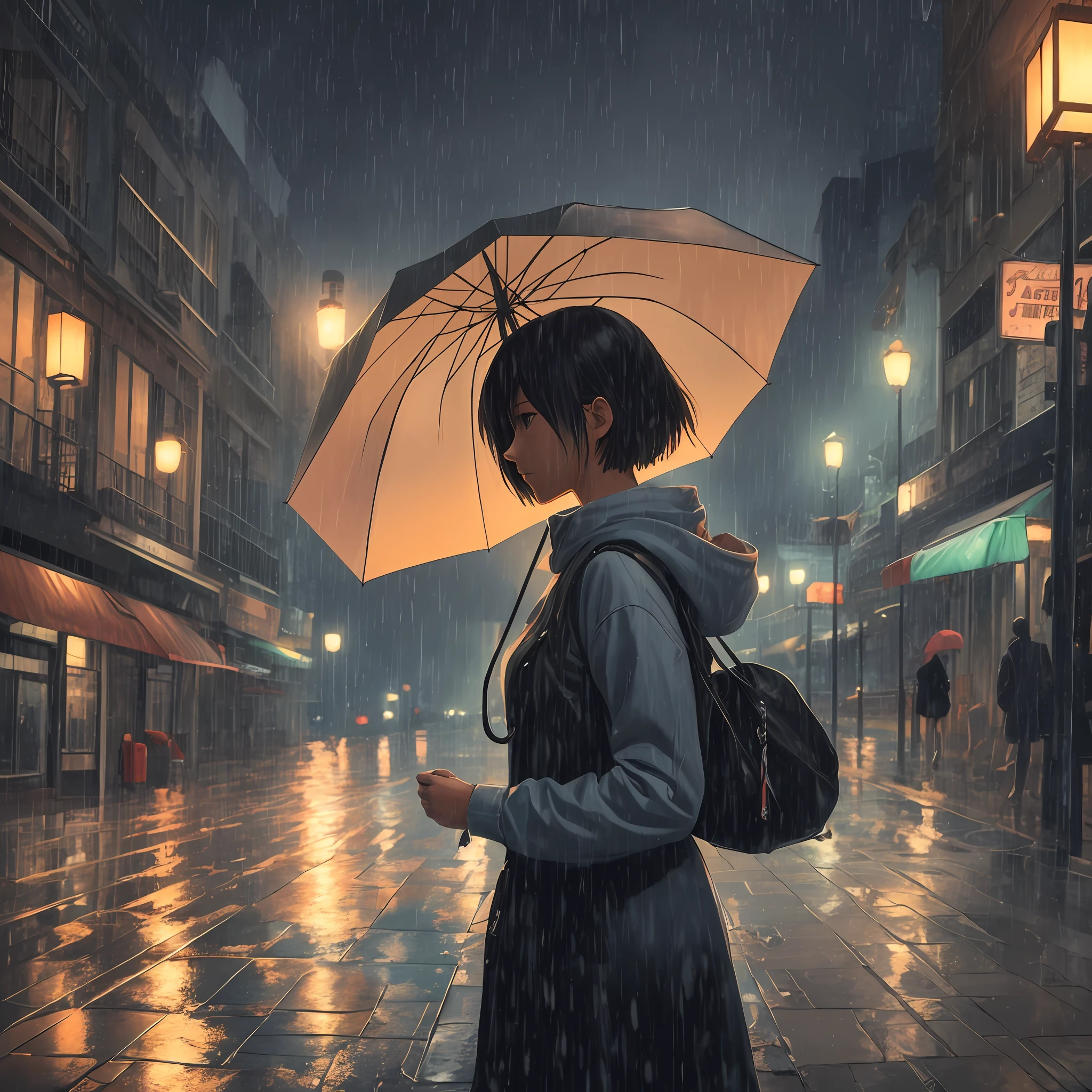 Landscape painting, heavy rain, vinyl umbrella, a woman standing in the middle looking into the distance, late night, street lights, illustrations like Makoto Shinkai, high resolution --auto --s2