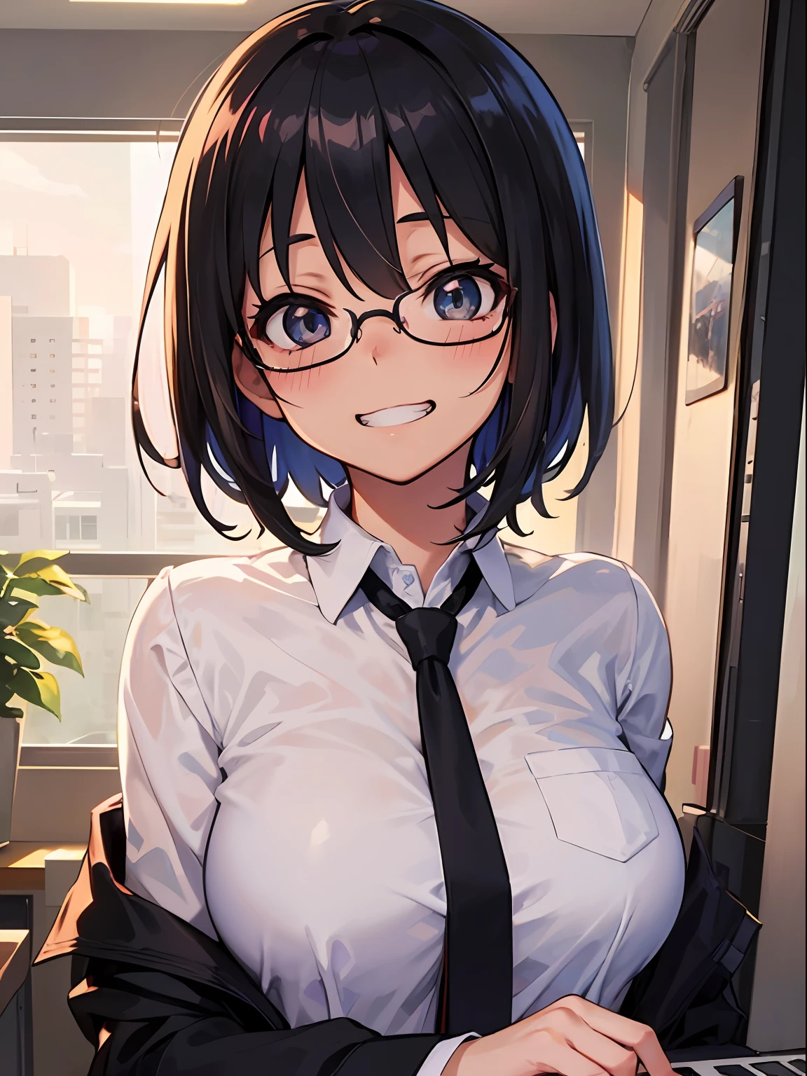 ((masutepiece)), ((Best quality)), (Ultra-detailed), ((kawaii)), Cute, (lovly), ((Sexy)), (Ero), ((Extremely detailed)), 4K, (8K), Best quality, (Beautiful), Illustration, Anime style, Painting, Dynamic Angle, Upper body, Gradation, Office, personal computers, in the room, s, 1girl in, Solo, Suit, Beautiful black hair, Beautiful black eyes, ((Beautiful eyes)), White-skinned, Short hair, large full breasts, Glasses, neck tie, tie, Cool, grin, blush, sparkling effect, Lens Flare, shiny-glistening, gleaming