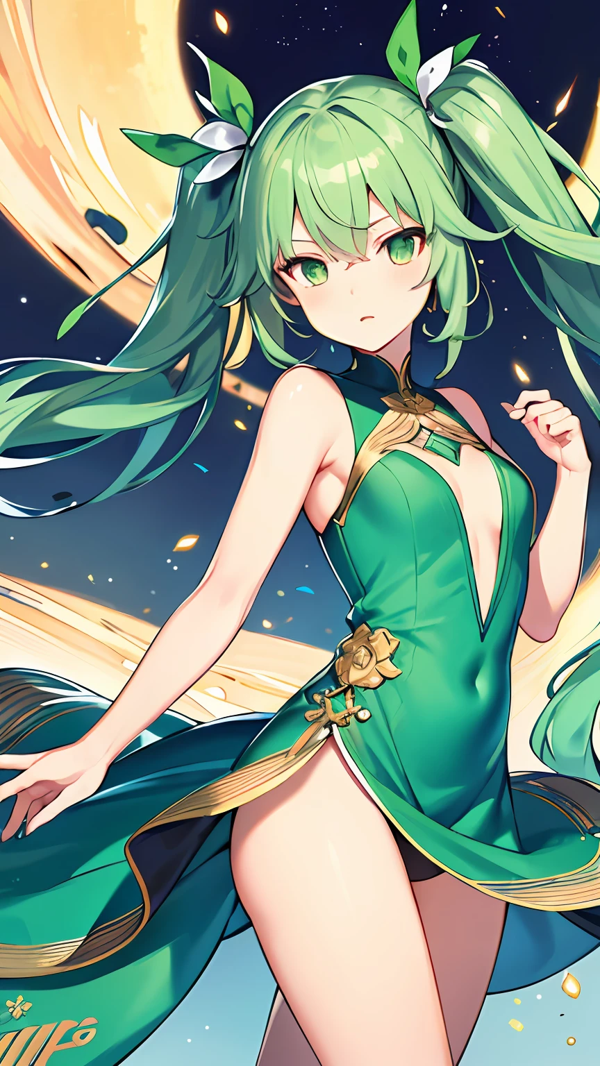 (((masterpiece))),(((bestquality))),((ultra-detailed)),(illustration),((anextremelydelicateandbeautiful)),dynamicangle,floating,(beautifuldetailedeyes),(detailedlight) (1girl), solo , floating_hair,glowingeyes,green hair,greeneyes, twintails, halterdress, atdan, 绿色背景,