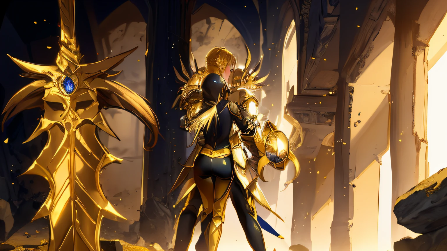 One wears armor(Black armor)The man holds a helmet in one hand(Black helmet)And one in armor(Gold armor black pants)beatiful woman(Woman's back)Kissing,The woman is in very good shape,There is a magnificent magic greatsword stuck in the ground,Temple Background,Dilapidated stone pillars,