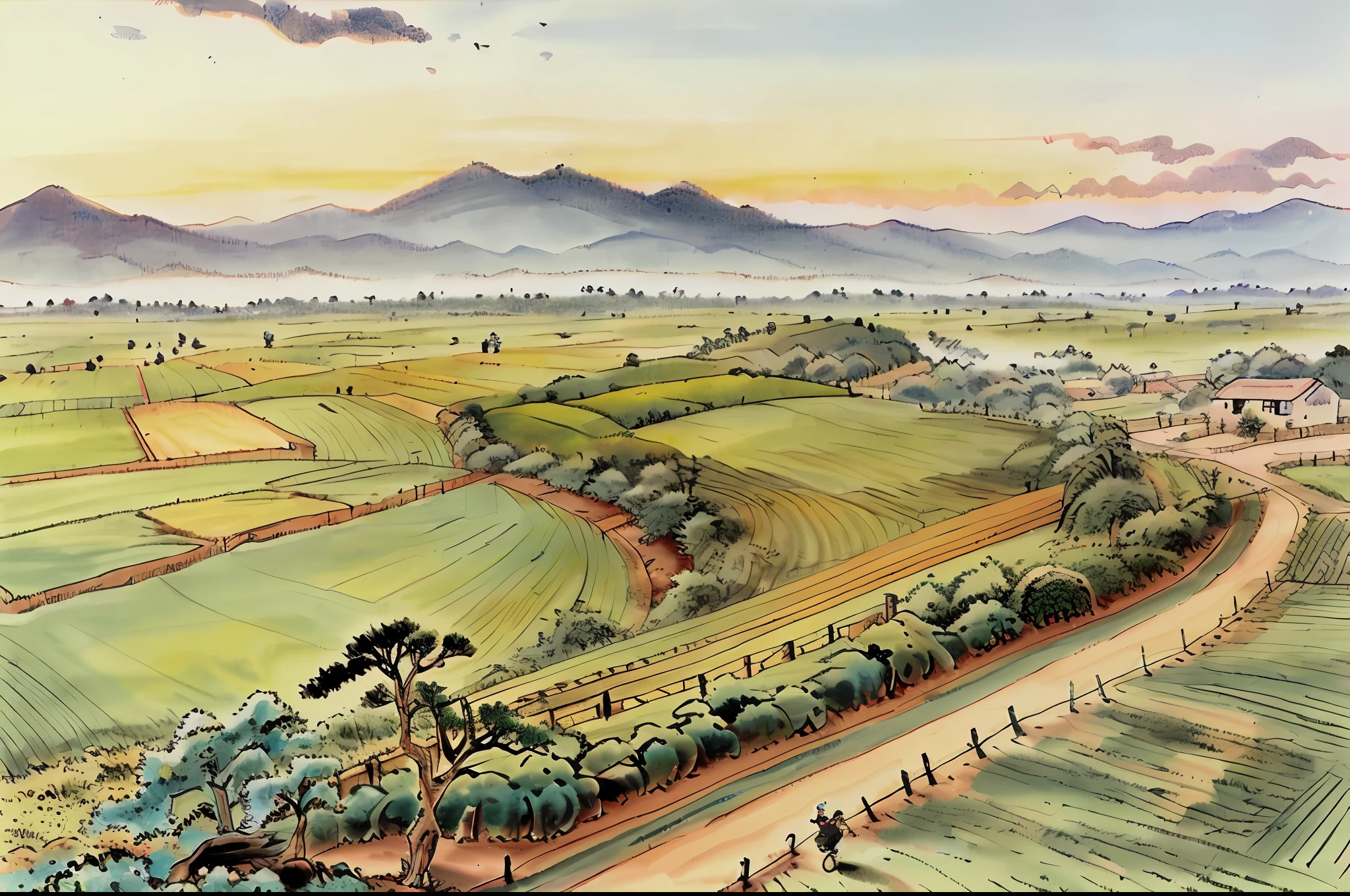 (in the early morning,zona rural,Green,breeze,Small rivers,Birds,surrounded by cloud),,bikes,Walk along the fields,In the distance are the houses of the village,Clear sky,With a vitality that greets the sunrise。