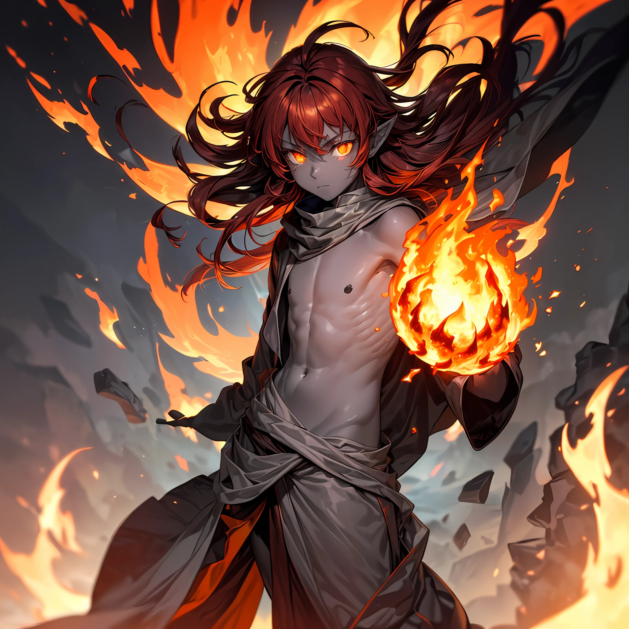 young man, boy, (((dark grey colored skin))), (((dark red colored hair))), flaming hair, poofy hair, burning, (((orange colored eyes))), glowing eyes, pointy ears, volcanic rocks in the background, sparks coming from the ground, slim body, dark gray colored skin, (((flat chest))), (fantasy style), one person, solo, single, (((flames wrapping around the body))), (((fire wrapping around the body like fabric))), ((fire and flames accessories in her hair)), (((fire))), (the man is floating above the ground), ((clothes made from flames and fire)), (((body covered in flames))), (((the clothes are fire))), ((burning body)), ((burning clothes)), silver colored details