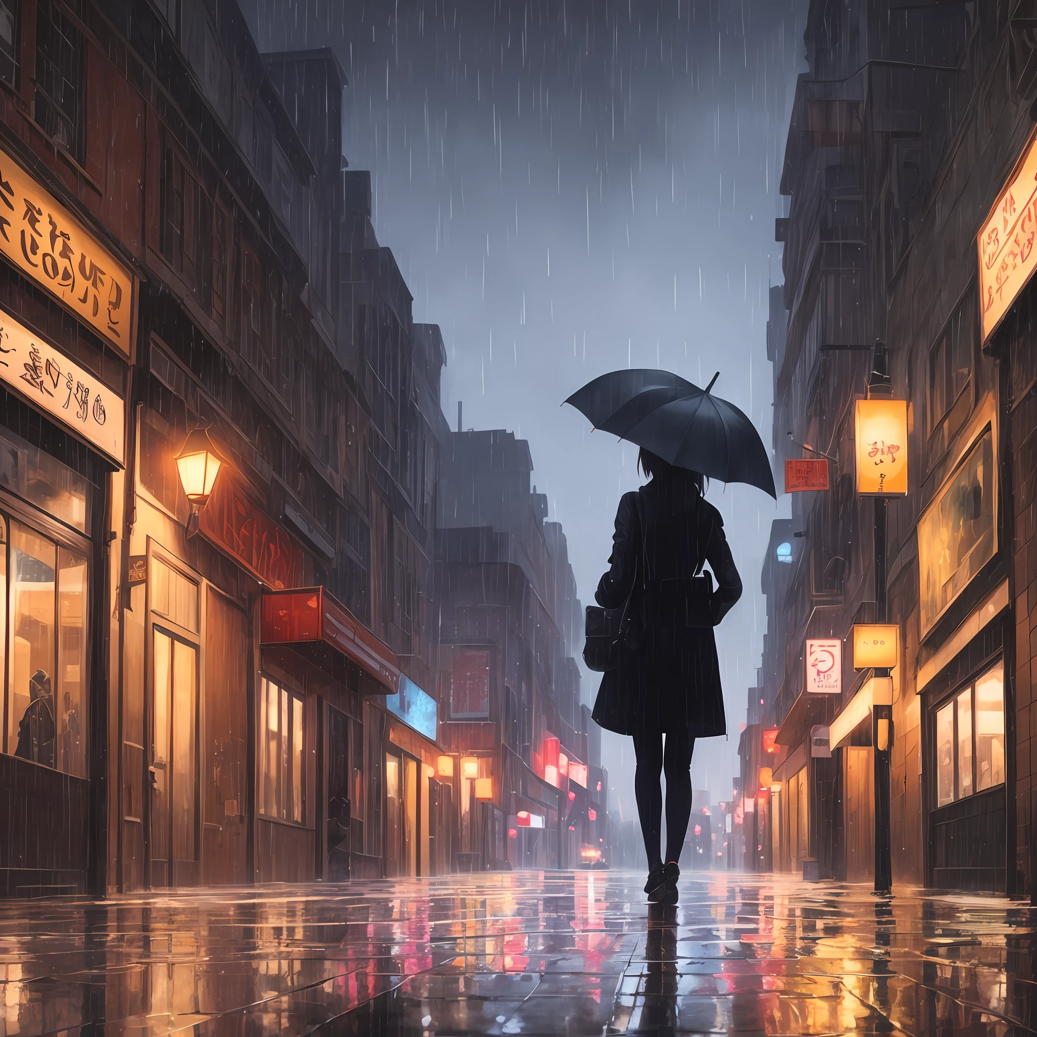 Landscape painting, heavy rain, vinyl umbrella, a woman standing in the middle looking into the distance, late night, street lights, illustrations like Makoto Shinkai, high resolution --auto --s2