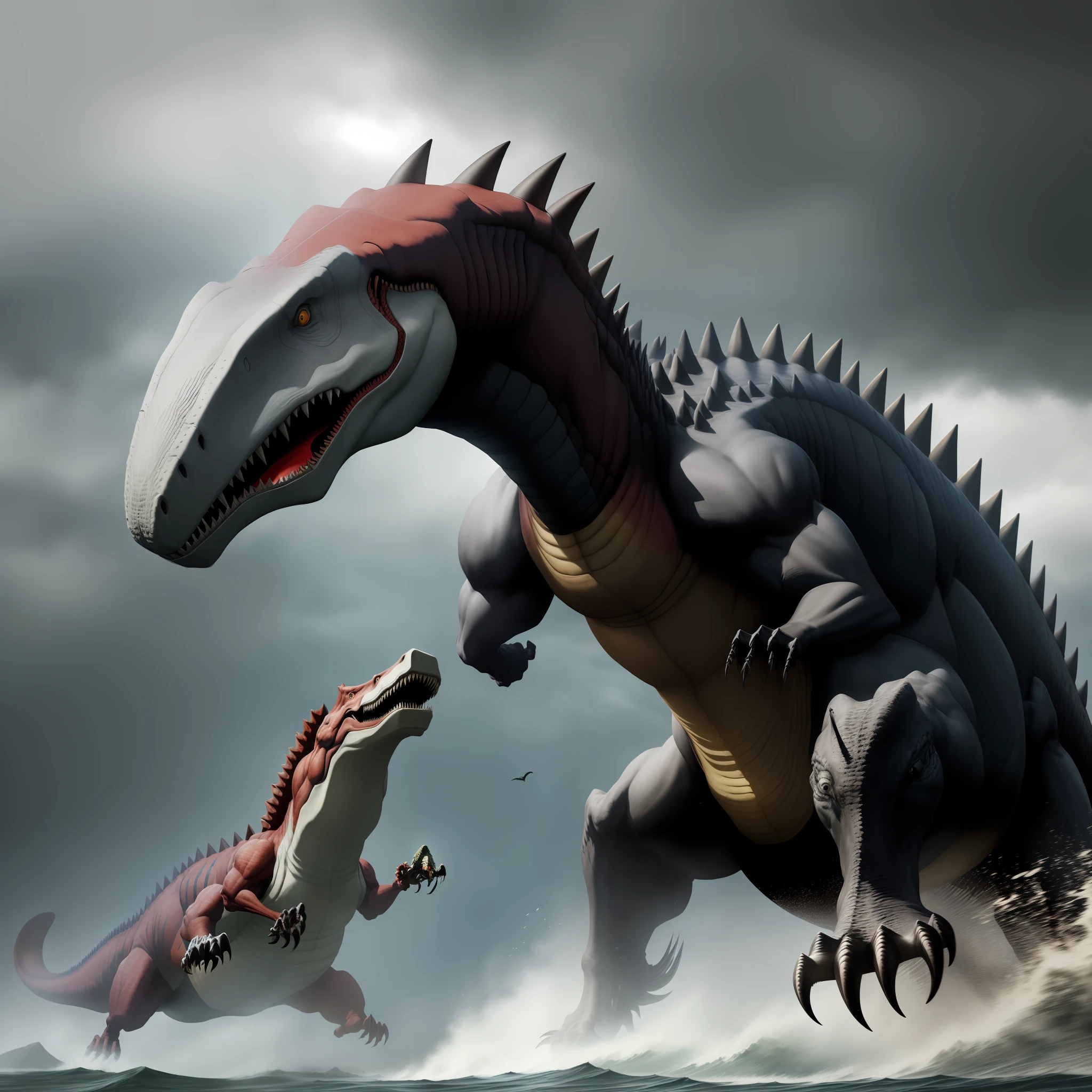The main body is a spinosaurus fighting a tyrannosaurus，Dark light，meticuloso，realisticlying，Environment in the taiga，The spinosaurus had a tall dorsal sail，Tyrannosaurus teeth are sharp，Highly scientific