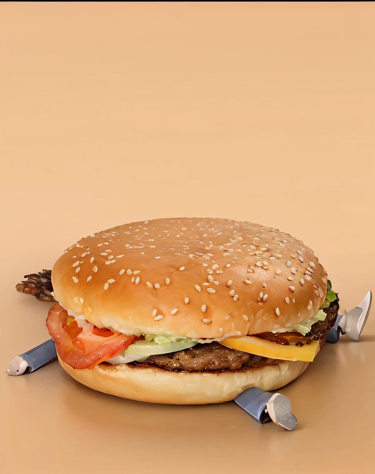 araffe with a man sitting on a burger with a knife, super realistic food picture, clemens ascher, big macs, creative photo manipulation, inspired by Chris LaBrooy, hugh kretschmer, by Chris LaBrooy, burger with human eyes, a hyper realistic, highly conceptual figurative art, photo manipulation, ultrarealistic illustration, hyperrealistic illustration --auto