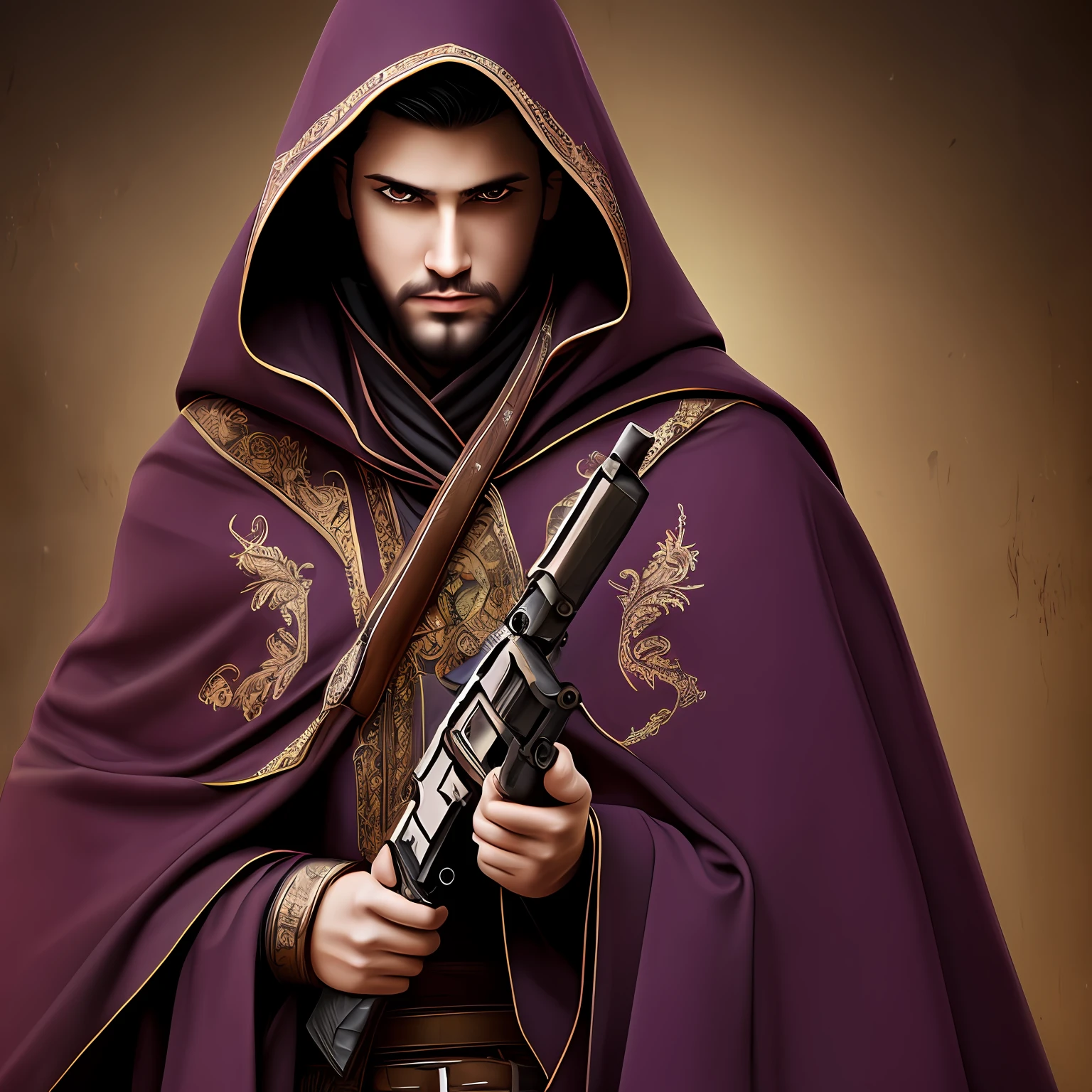 tmasterpiece，super-fine，Semi-realistic，Meticulous facial features，A dark-haired，male year old boy，Light purple eyes，Cloak，full bodyesbian，Serious，Long gun in hand，Elderly --auto