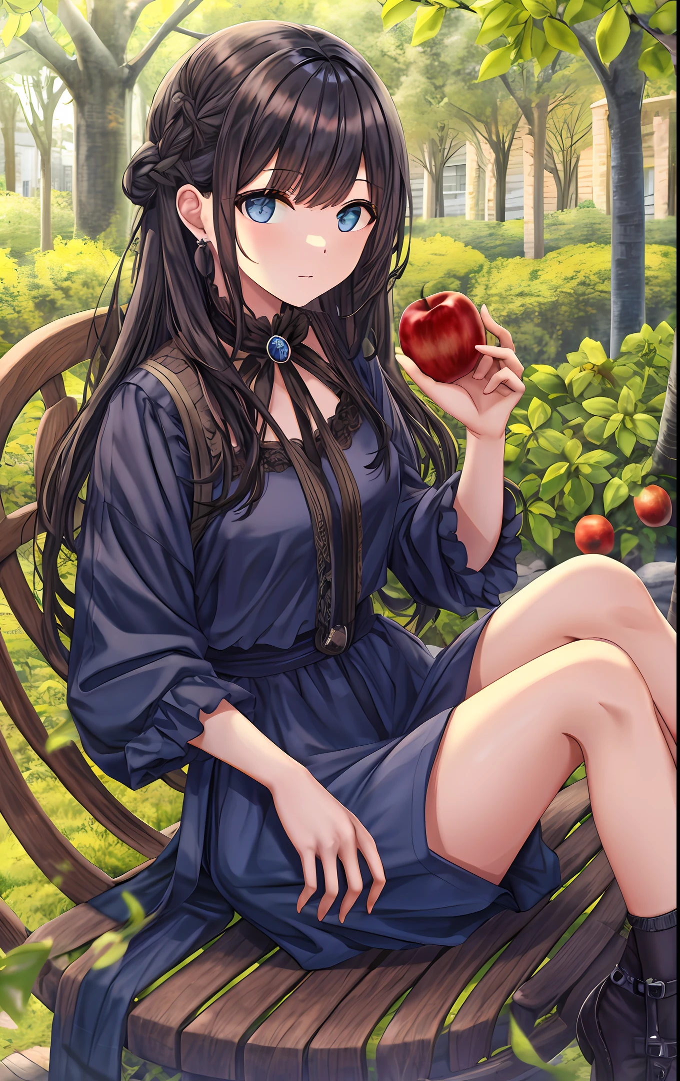 Black-haired, blue-eyed bard sitting on a tree eating an apple