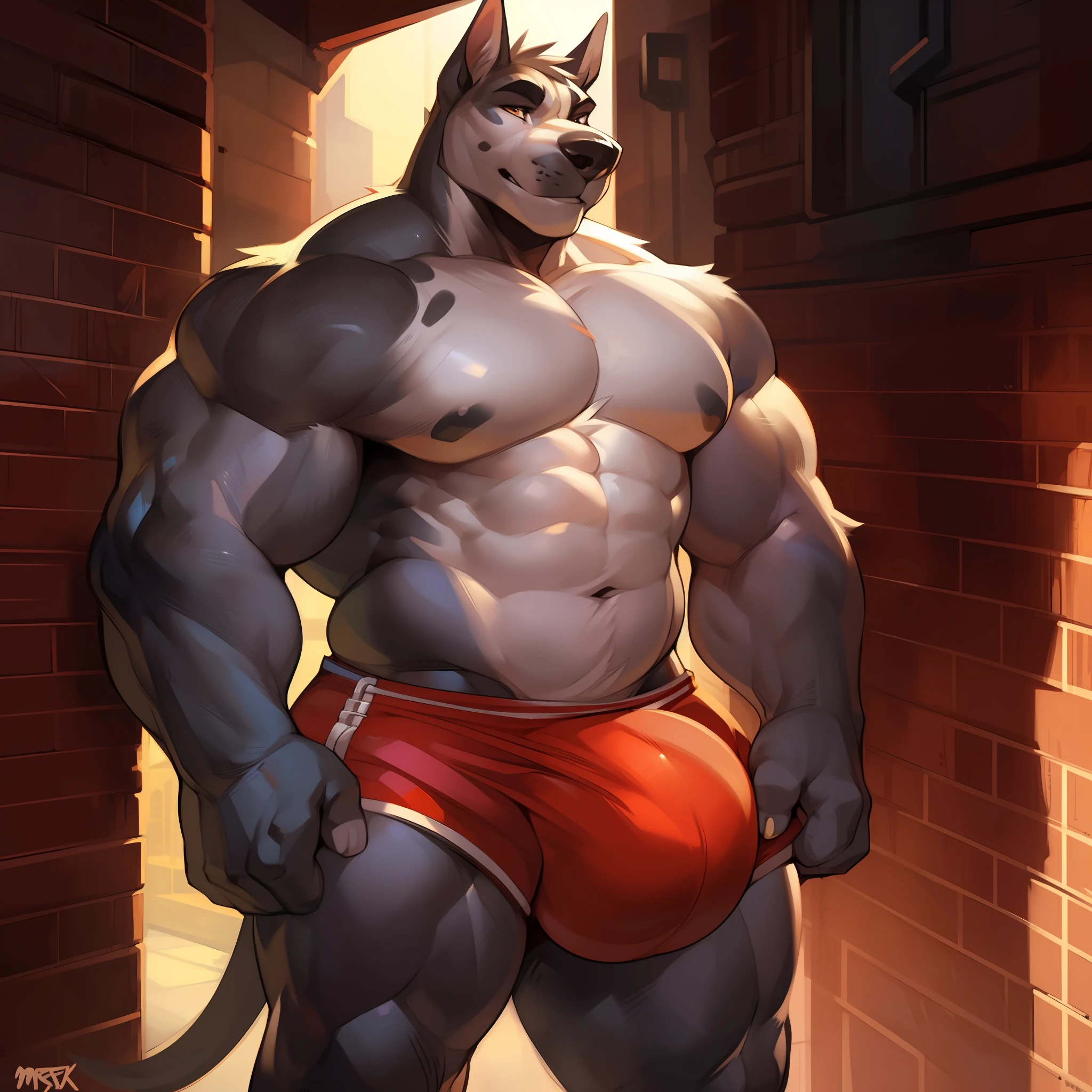Solo, male, muscular, giant, enormous, buff, strong, massive biceps, massive pecs, canine, great dane, massive bulge, by darkgem, by mystikfox61, by glitter trap boy, alleyway