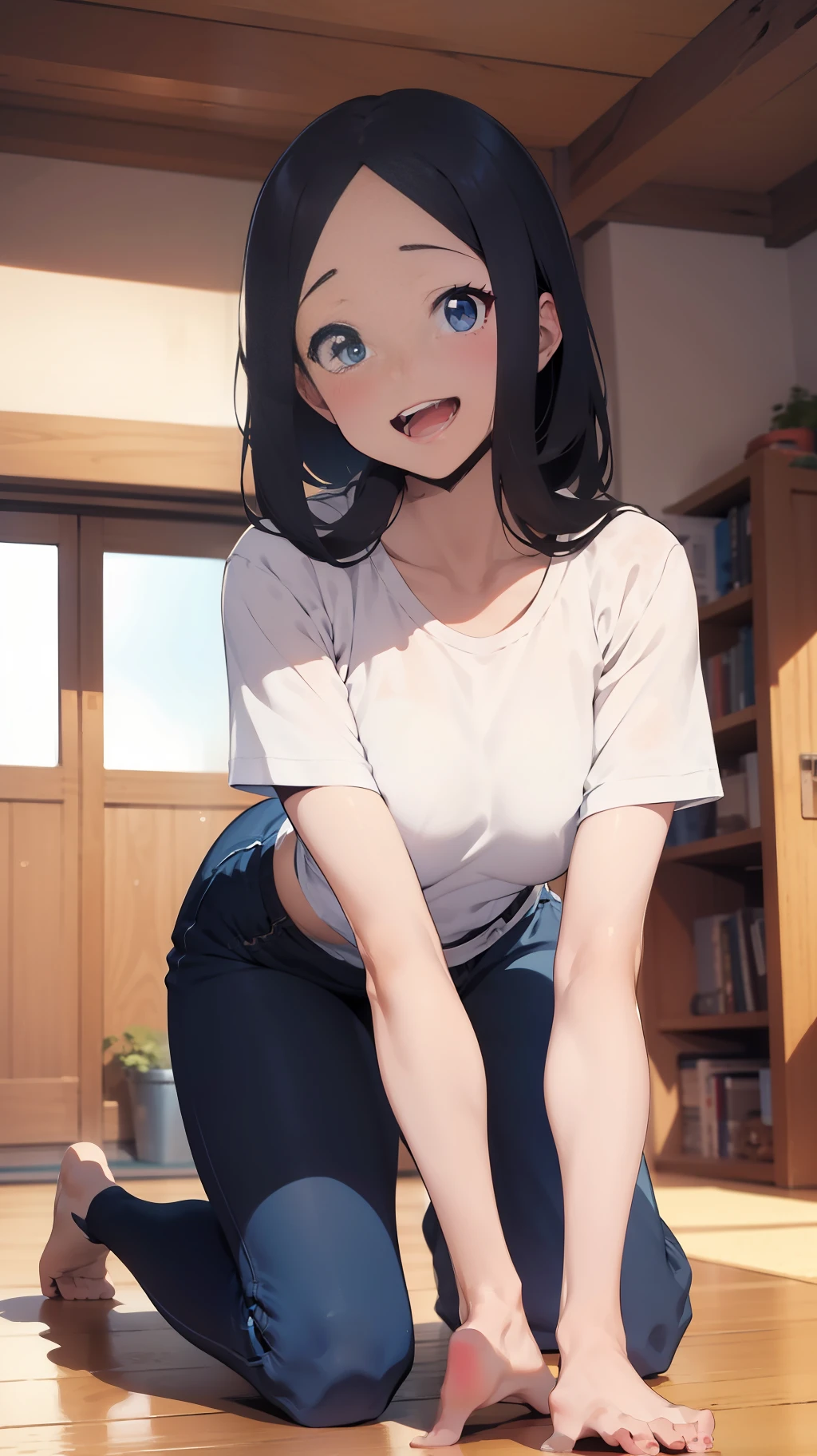 one woman, sexy pose, on all fours, tall of a person,white t-shirt,blue jeans,thin,gleaming skin,beautiful face,sharp eyes,flushed cheeks,laughing,long hair,pony tale, black hair,slender face,indoor,illustration style,anime style,masterpiece, extremely fine and beautiful,illustration,adult woman