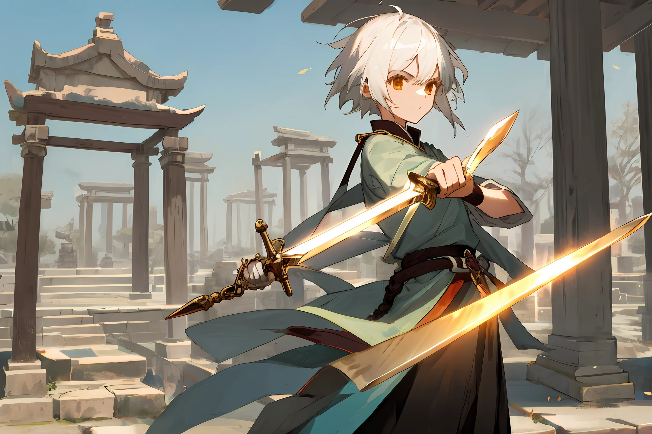 Girl, tomboy, white hair, ancient style, one-handed sword, short hair, pavilion and jade