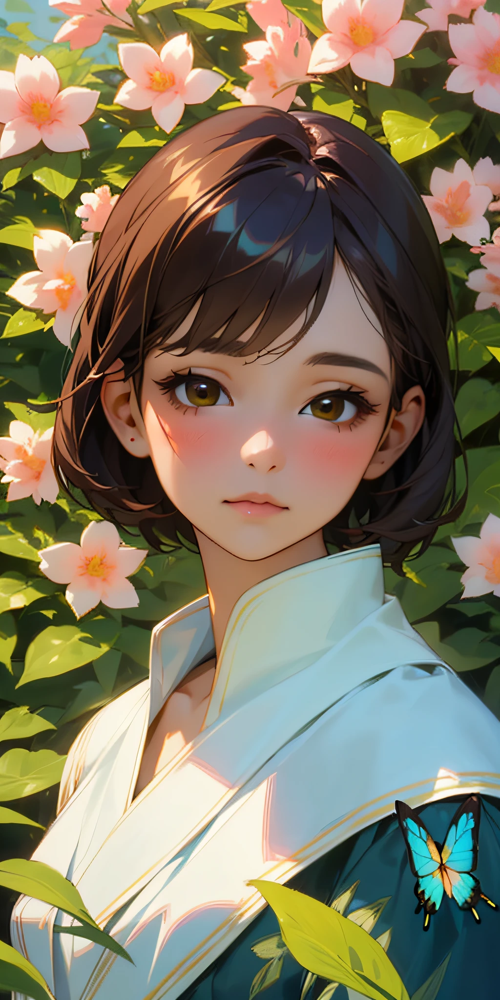 (best quality, masterpiece, ultra-realistic), portrait of 1 beautiful and delicate girl, with a soft and peaceful expression, the background scenery is a garden with flowering bushes and butterflies flying around.