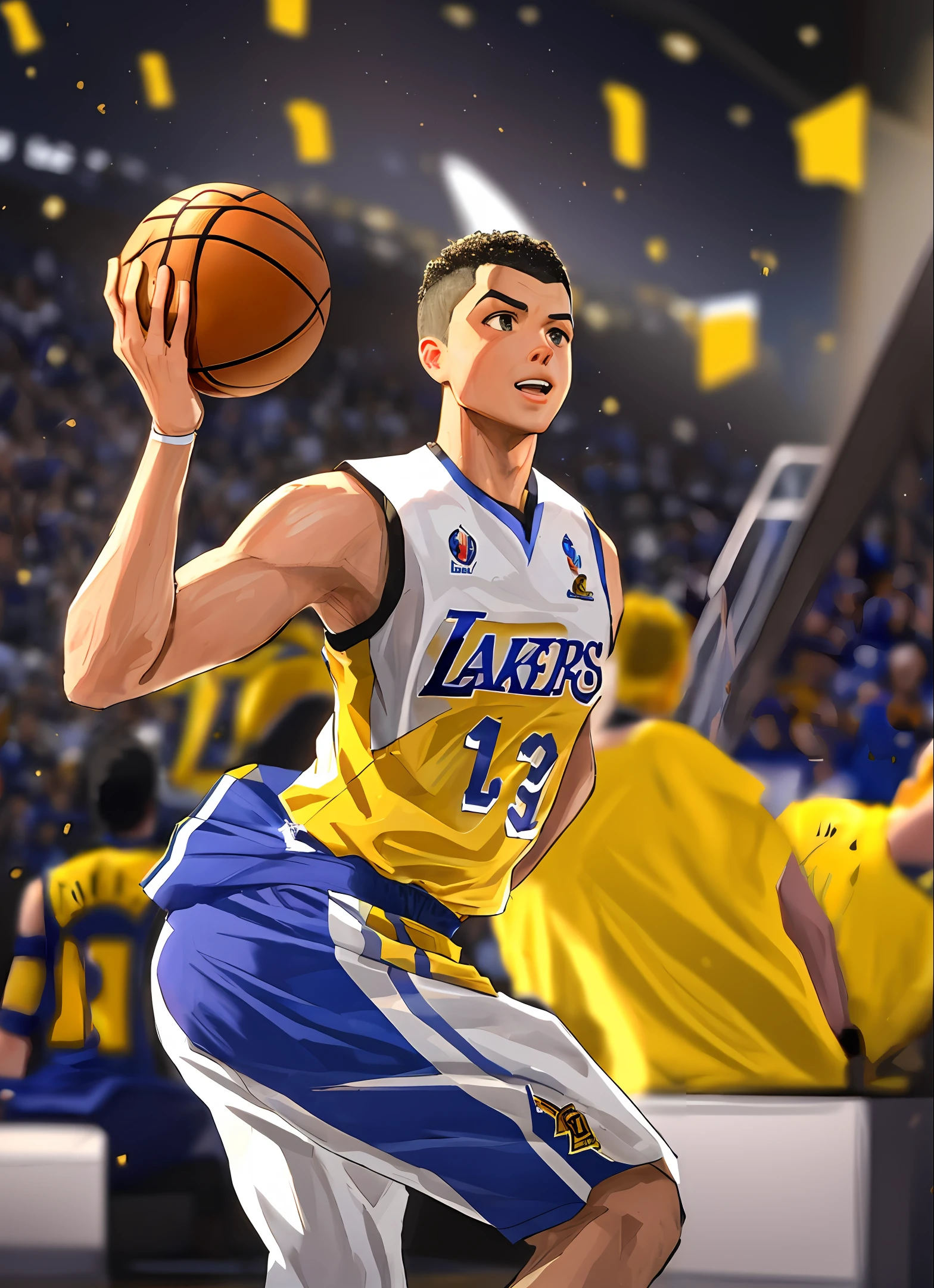 Ronaldo has a white explosive head，Wearing a yellow Los Angeles Lakers basketball uniform，Play basketball with basketball in hand，ultra-detailliert，A detailed，8K quality，Full-HD，