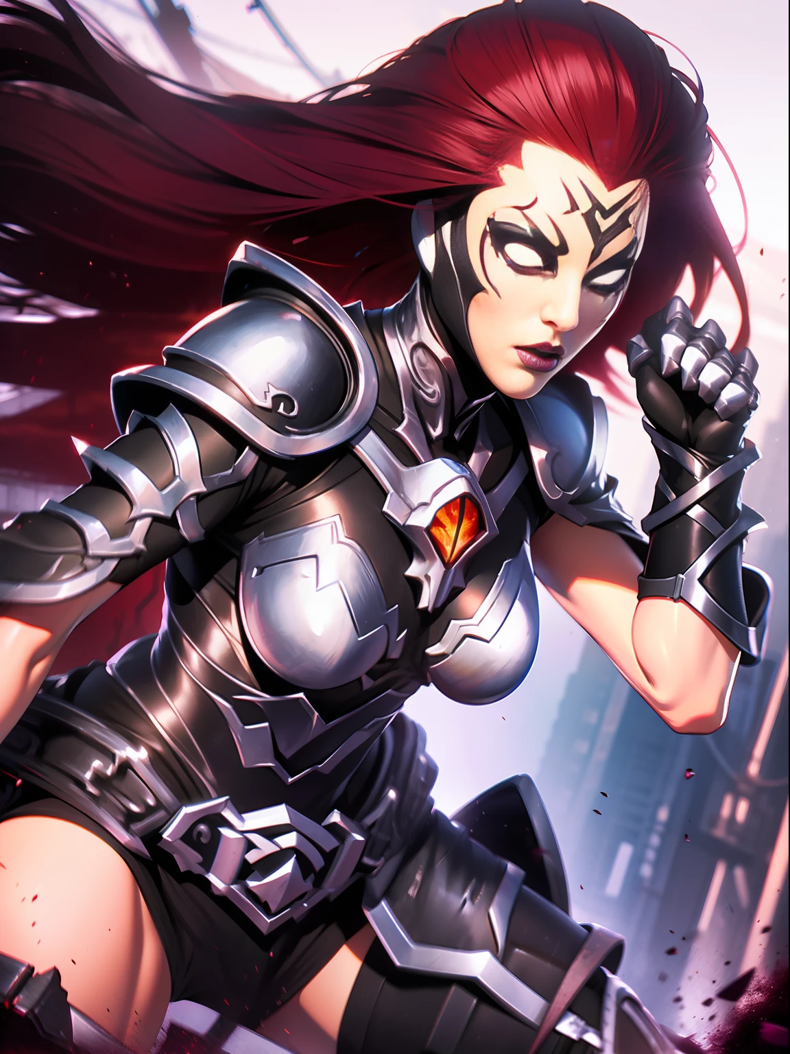 girlish, furia, Darksiders3, dynamic pose, Intricate pattern, metal pesado, Power lines, anonymous, Ojos blancos brillantes, Pelo largo y rojo, wind blew hair, elegante, intenso, El atuendo es mayormente negro, con acentos rojos y negros, ((heavy armor with skull details)),Fury wields a whip, solo, desierto, soleado,Dramatic lighting, (Obra maestra:1.2), La mejor calidad, High resolution, Hermoso detalle, extremadamente detallado, perfect ilumination