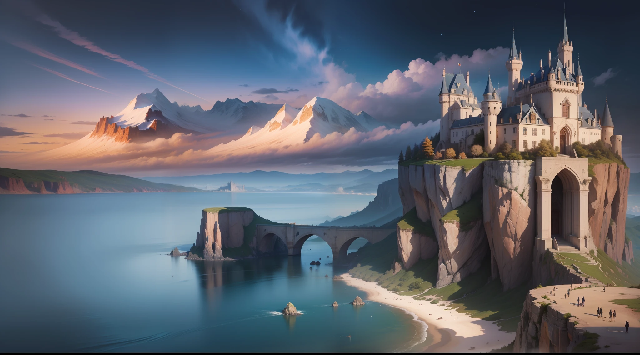 Brilliant castle,Surrounded by mountains,sheer cliffs,Majestic sea,Colorful clouds,Fantasy and magic,Realistic reality