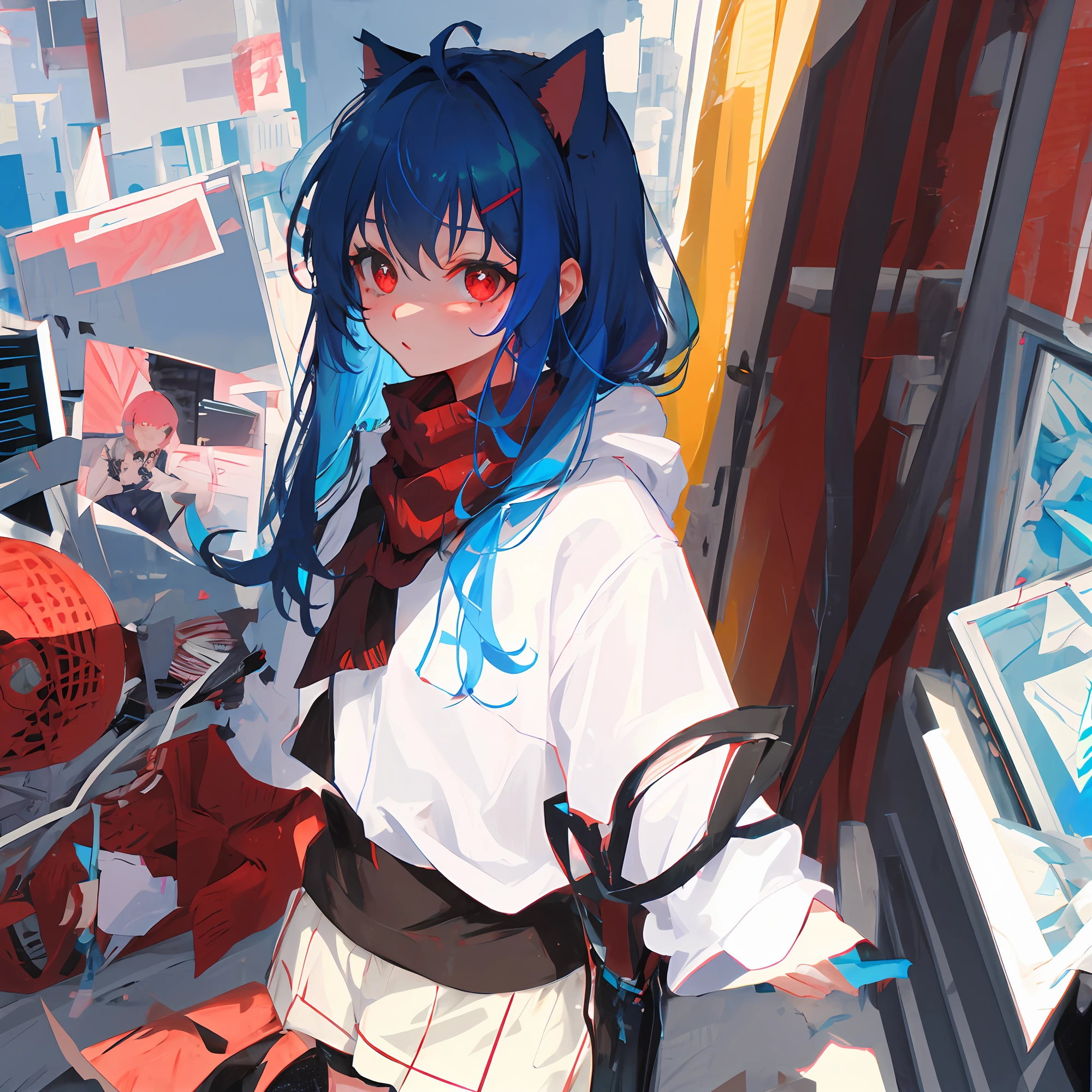 Blue-haired, red-eyed cat lady two-dimensional