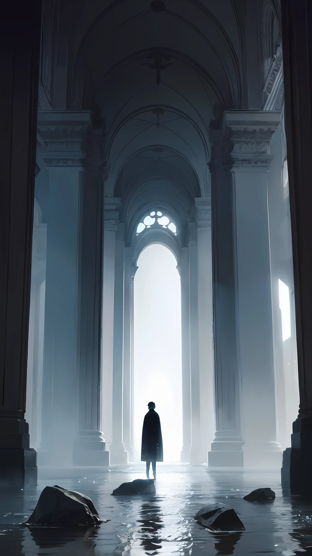 (masterpiece),best quality,ultra-detailed CG unity 8k wallpaper,gothic style,perfect lighting and shadows, Satoru Gojo wearing black robe,standing against massive stone pillars, intense look, cursed energy flowing around him, a barrier and water-like visual effect surrounding him, mystical atmosphere. --auto