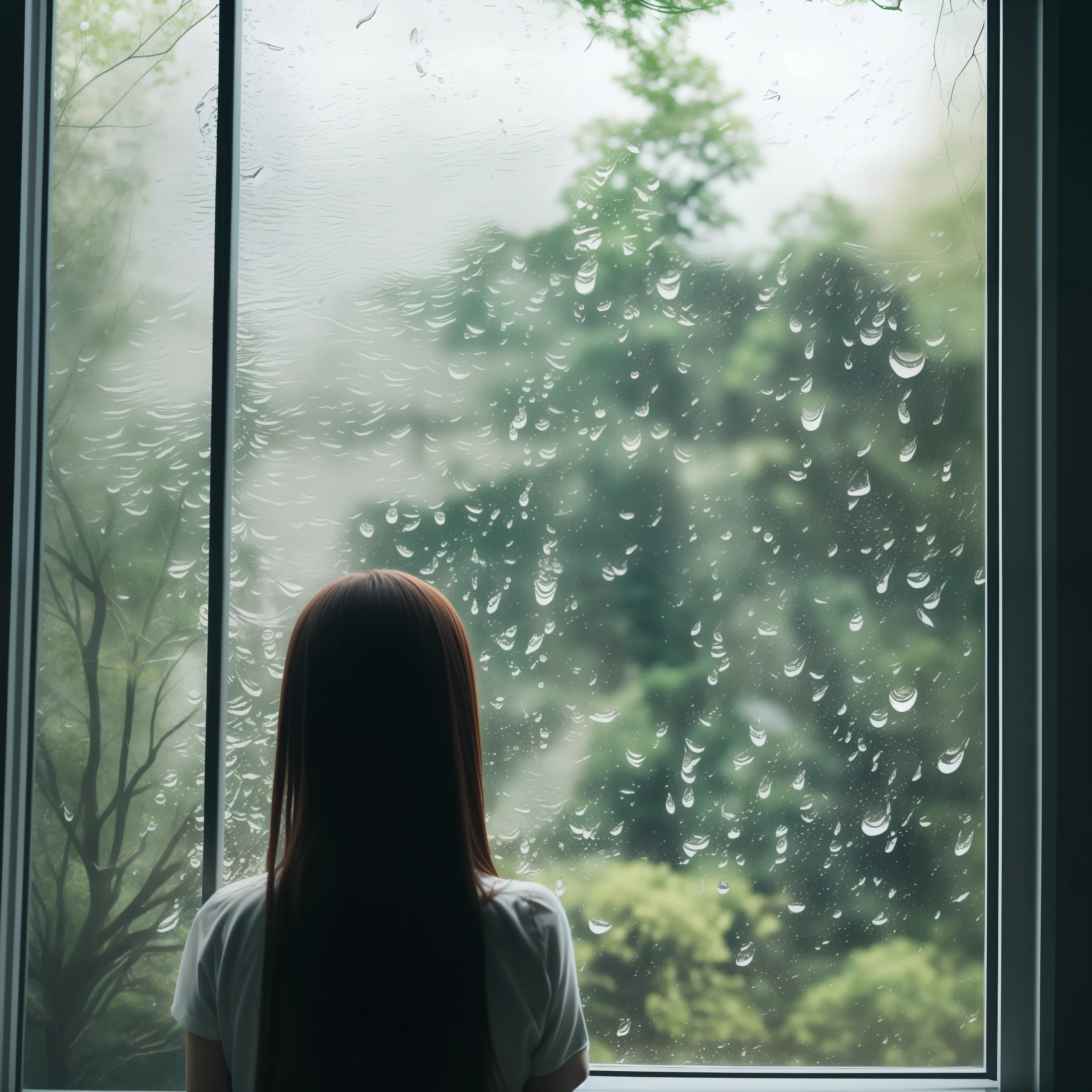 On a dark rainy day，A young woman stands alone in front of the window，Looking at the raindrops outside。She had a sad look on her face，The eyes revealed endless sadness and loss。The view outside the window is blurry，Echoing her inner emotions。 --auto