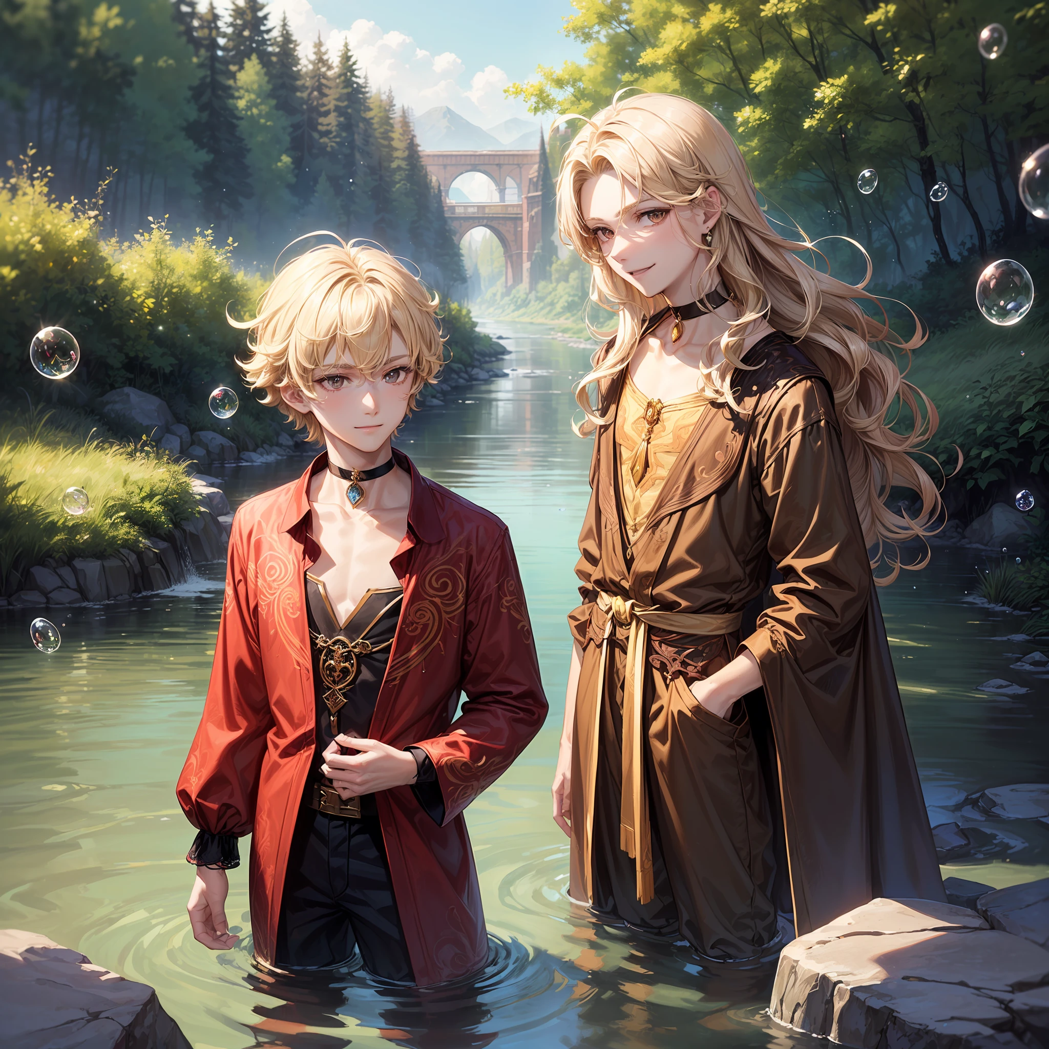 ((young man)), (teenage boy), (((one person))), single, solo, (slim body), (((flat chest))), slender body, slim waist, ((pale skin)), (((very light blonde hair))), (((very poofy hair))), ((very fluffy hair)), wavy hair, (long hair), ((full hair)), (((the boy has dark brown colored eyes))), cute face, ((fantasy style)), (((brown choker))), smiling, big eyes, (((male))), guy, (((boy))), (((wearing fantasy style clothes))), (patterns on the clothes), magic, magical, (((brown colored clothes))), (((brown clothes))), embroidery on clothes, ((red colored crystal on the choker)). (river in the background), (forest in the background), ((daytime)), soft light falling through the trees, ((water bubbles floating in the air)), rocks in the water, a few butterflies in the background