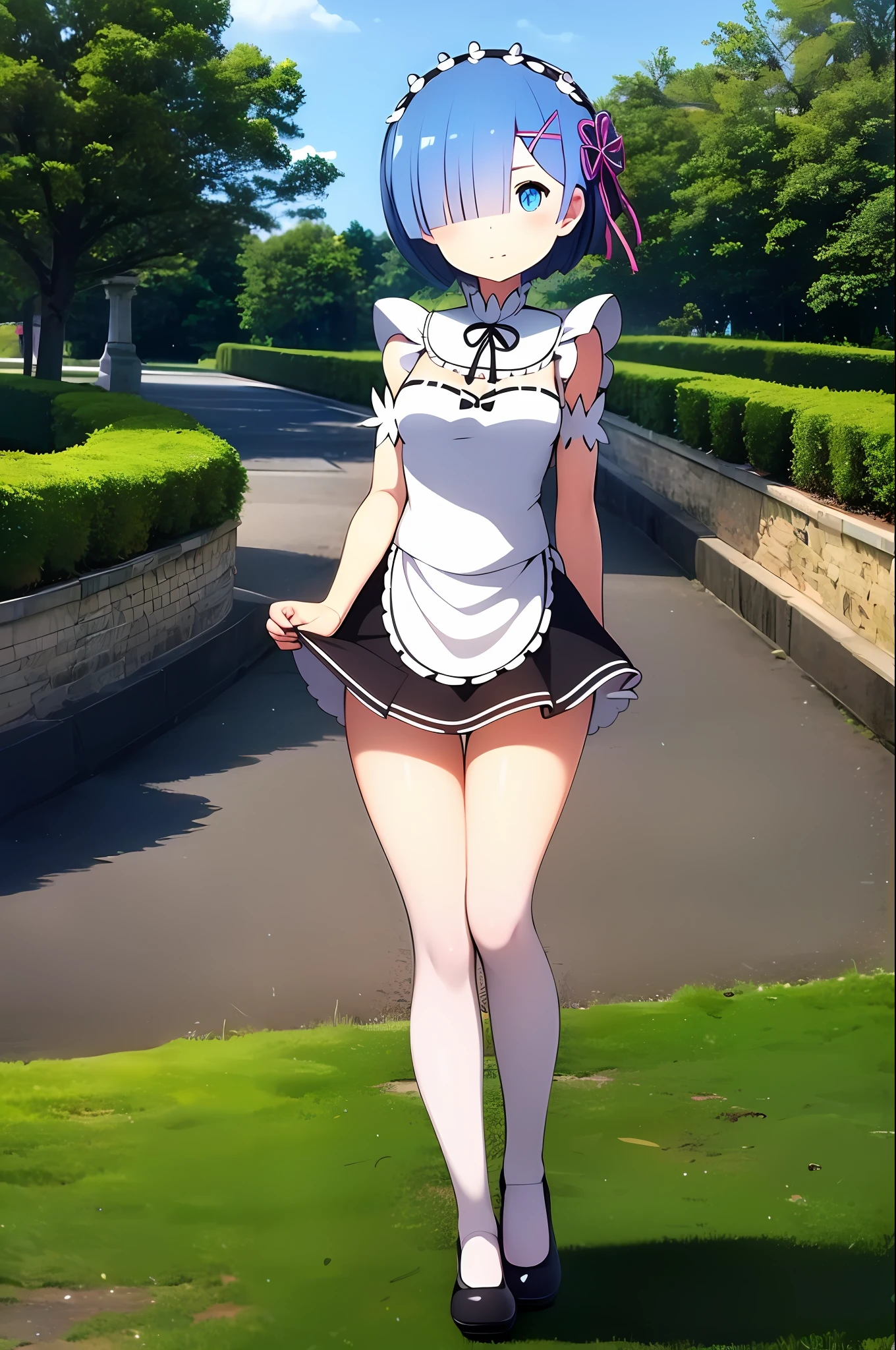 (tmasterpiece:1.6,best qarity),(Fine beautiful eyes:1.2),ph_REM,Remhd,1girll,Blue hair,独奏,blue eyess,x hair accessories,legs ornaments,Long thick socks,lacepantyhose,bow,Lolita heels,Lolita shoes,Rossvale Mansion maid uniform,full bodyesbian,Photo art,maidennurse,the ocean,sunlights,the trees,wave,