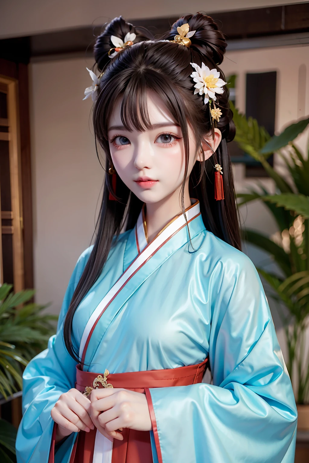 Han Chinese，Hanfu，Bun head，lovly，femine，Playful，realperson