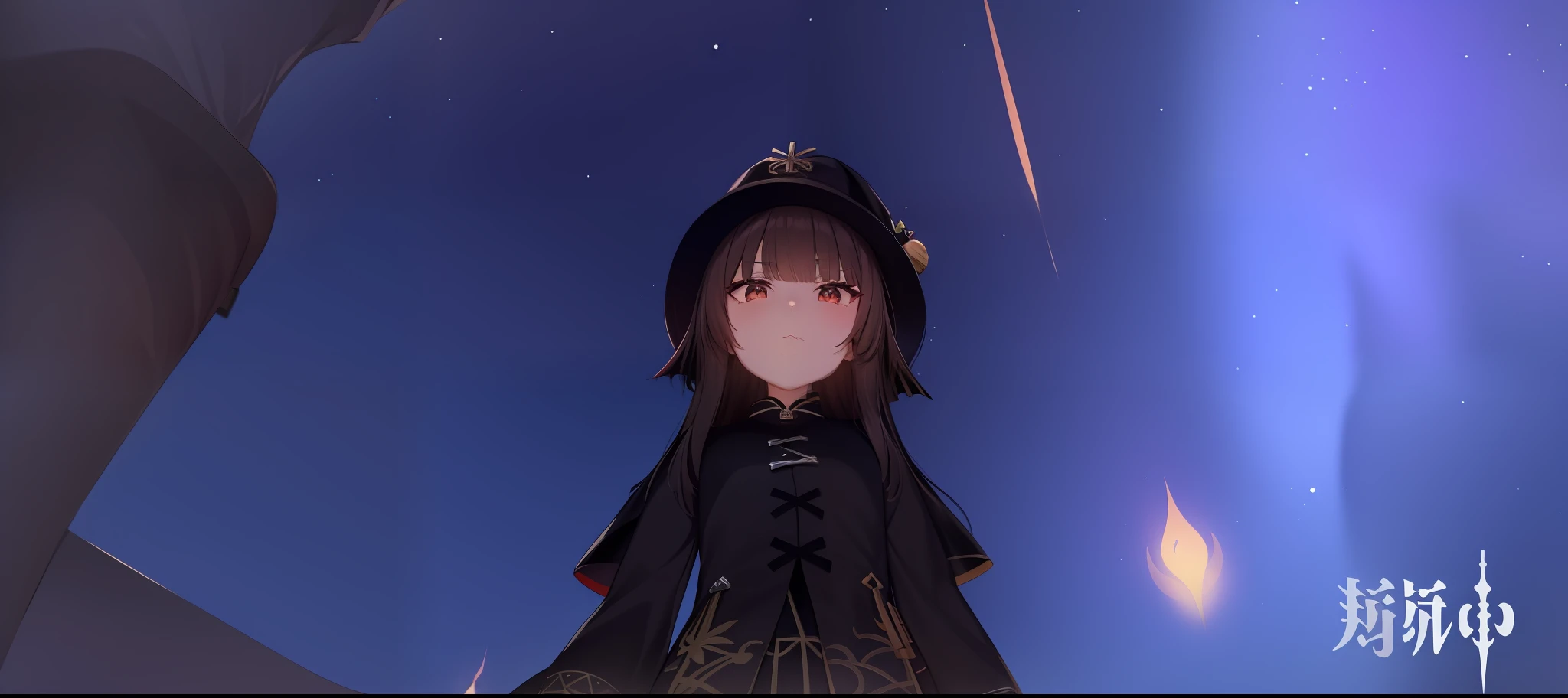 anime girl in a black dress standing in front of a blue sky, Ayaka Genshin impact, Female protagonist 👀 :8, A scene from the《azur lane》videogame, azur lane style, 8K!!, Kantai collection style, Stylized anime, Aromatic, black-haired mage, ayaka game genshin impact, Also, , background is heavenly