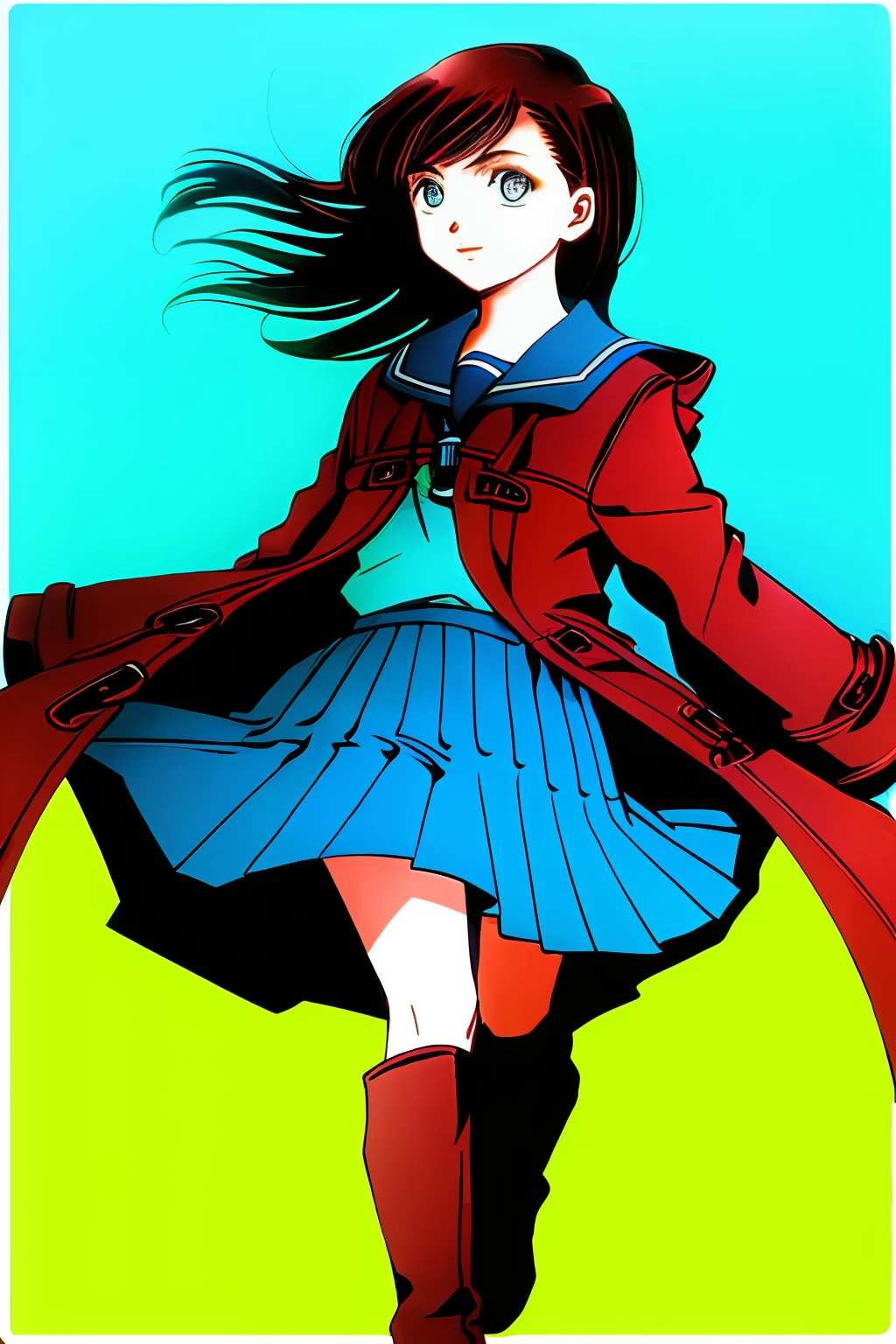 schoolgirls,Short burgundy shoulder-length hair,Burgundy eyes,wind coat,leather boots