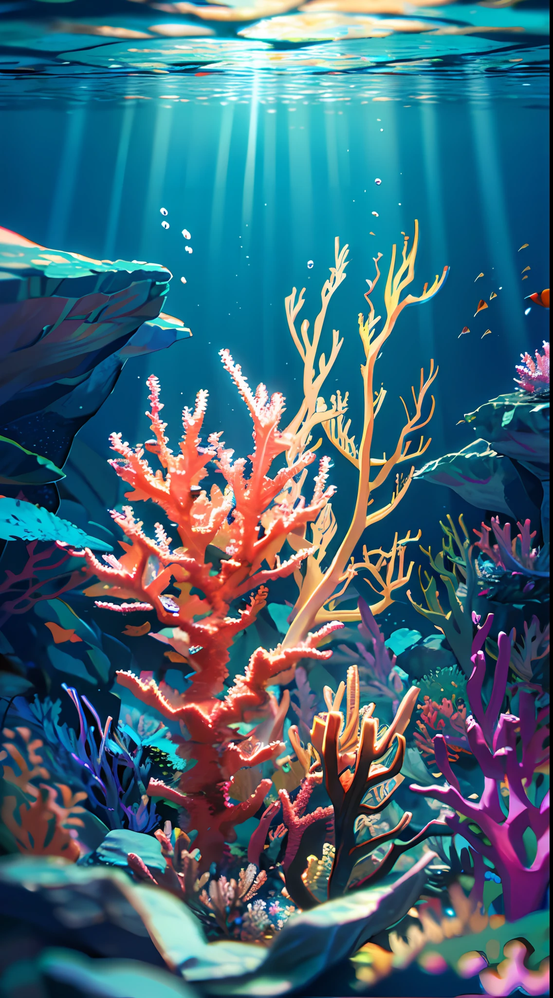(masterpiece, best quality:1.2), (no humans, cliff, underwater, perspective, from below:1.5), 8k, raw photo, absurdres, beautiful coral reef, rocks, many very small fishs, colorful tropical fishs, light leaks, depth of field, stunning scape, film grain, chromatic aberration, dynamic lighting, dramatic lighting, HDR, photorealistic, film grain, chromatic aberration, highres, ultra detailed, finely detail, extremely detailed, shadow, sharp focus