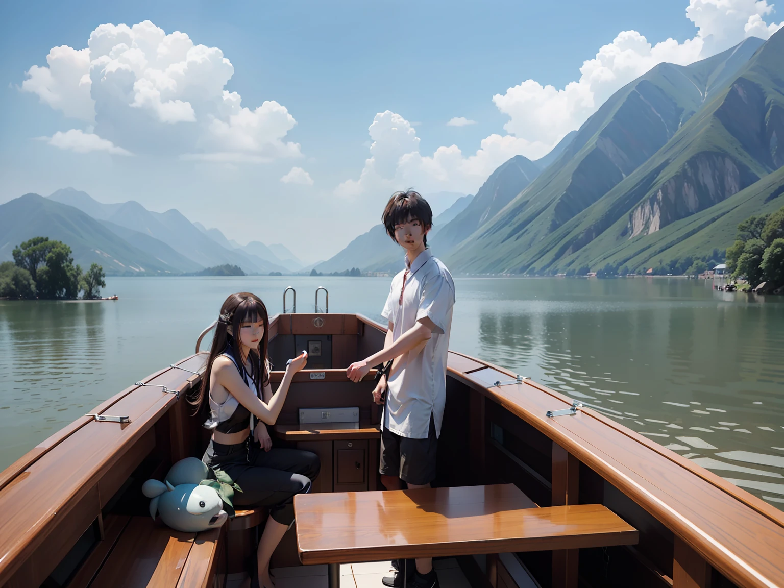people standing on a boat in a body of water, xintong chen, wenjun lin, huifeng huang, yihao ren, leng jun, steve zheng, zezhou chen, wei wang, Chiba Yuda, Li Zixin, Wang Qichao, mingchen shen, on a boat on a lake