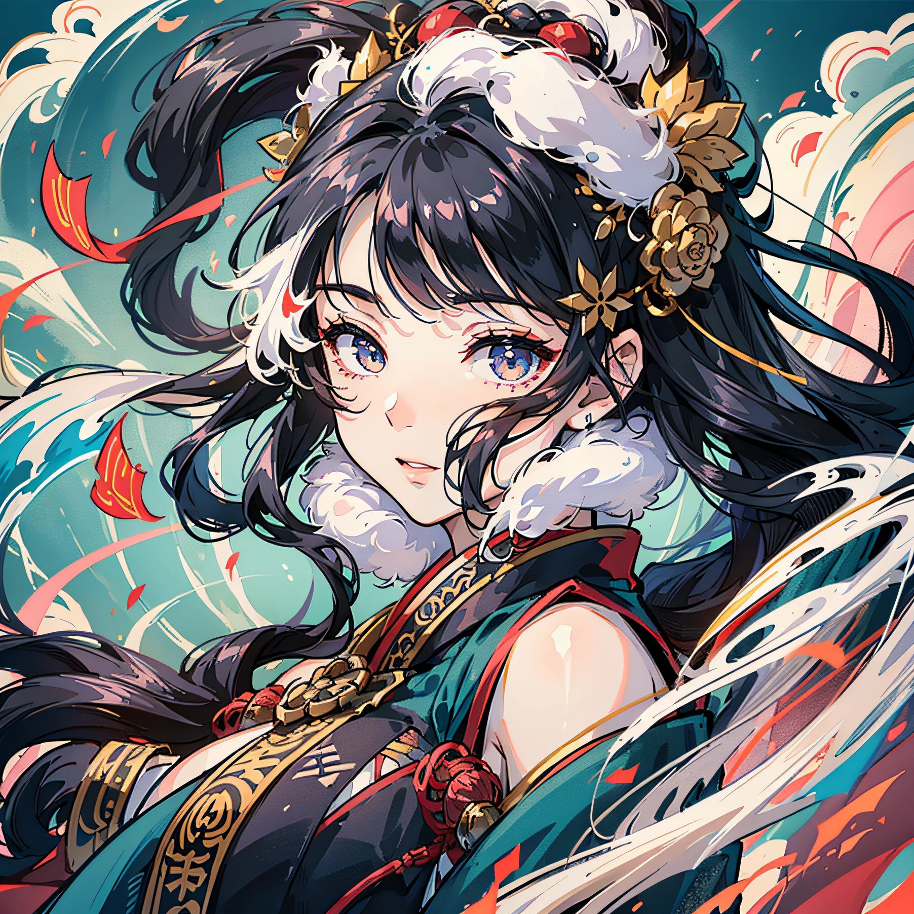 hair bobbles, wince, longeyelashes, solid circle eyes, fake animal ears, light smile, ear blush, black hair, braided ponytail, eye reflection, aqua eyes, glowing eyes, covering ears, light smile, Surrealism, drop shadow, stereogram, tachi-e, pov, atmospheric perspective, chiaroscuro, depth of field, cinematic lighting, 8k, 4K