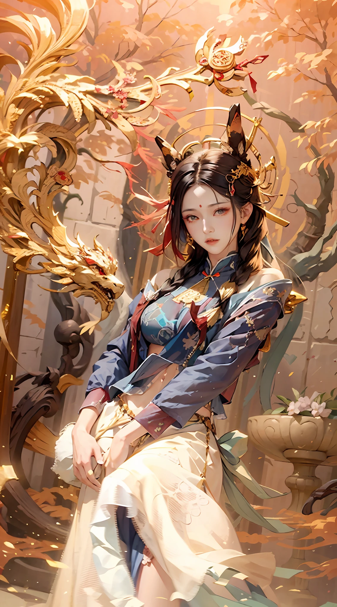 (RAW photos,best qarity),(realisticlying,photograph realistic:1.3),Extremely refined and beautiful,astounding,finedetail,tmasterpiece,hyper-detailing,A high resolution,(Most Best Illustration),(best shadow),intricated,(In a crimson gold Chinese dragon,There is gold dust around,Black flowers,the trees,petals,the wind,Oh, God,Long wavy body,fang,fanciful,mito,high high quality,highly detaile,tmasterpiece,epic,particle effect,Dynamic effects,(drak:1.4)Front),Clouds,firestorm,mountain ranges,sun setting,sharp fokus, volume fog, 8K UHD, digital DSLR camera, high qulity, (filmgrain:1.4), FUJI XT3,offcial art, Unity8k wallpapers, ultra detali, Beautiful and beautiful, hbest quality, (Zen entanglement, tangled, entangled), (s fractal art: 1.4), 1girll, whaite hair, chino, exposed bare shoulders, short skirt, small thighs, navels, enormously detailed, dynamic angle, cowboy lens, (The most beautiful chaotic shape), flowing, (Bright colors), OC, (halfway: 1.2), Chine, (tape: 1.3), (dream: 1.5), (Hanfu: 1.5), chinesedragon,(ssmile: 0.5), (Chinese God), realisticlying, 超A high resolution, intrikate, hyper-detailing, (dent in the skin), femine, Detailed body, (Detailed face: 1.1), (contoured iris), (Watercolor lenses), (perfect eyes), 4k, opulent, (tmasterpiece: 1.2), (best qarity:1.2), Wide buttock, thick thight, (Large breasts:1.2) AC (hugetits:1.2), slutty, tempting pose。