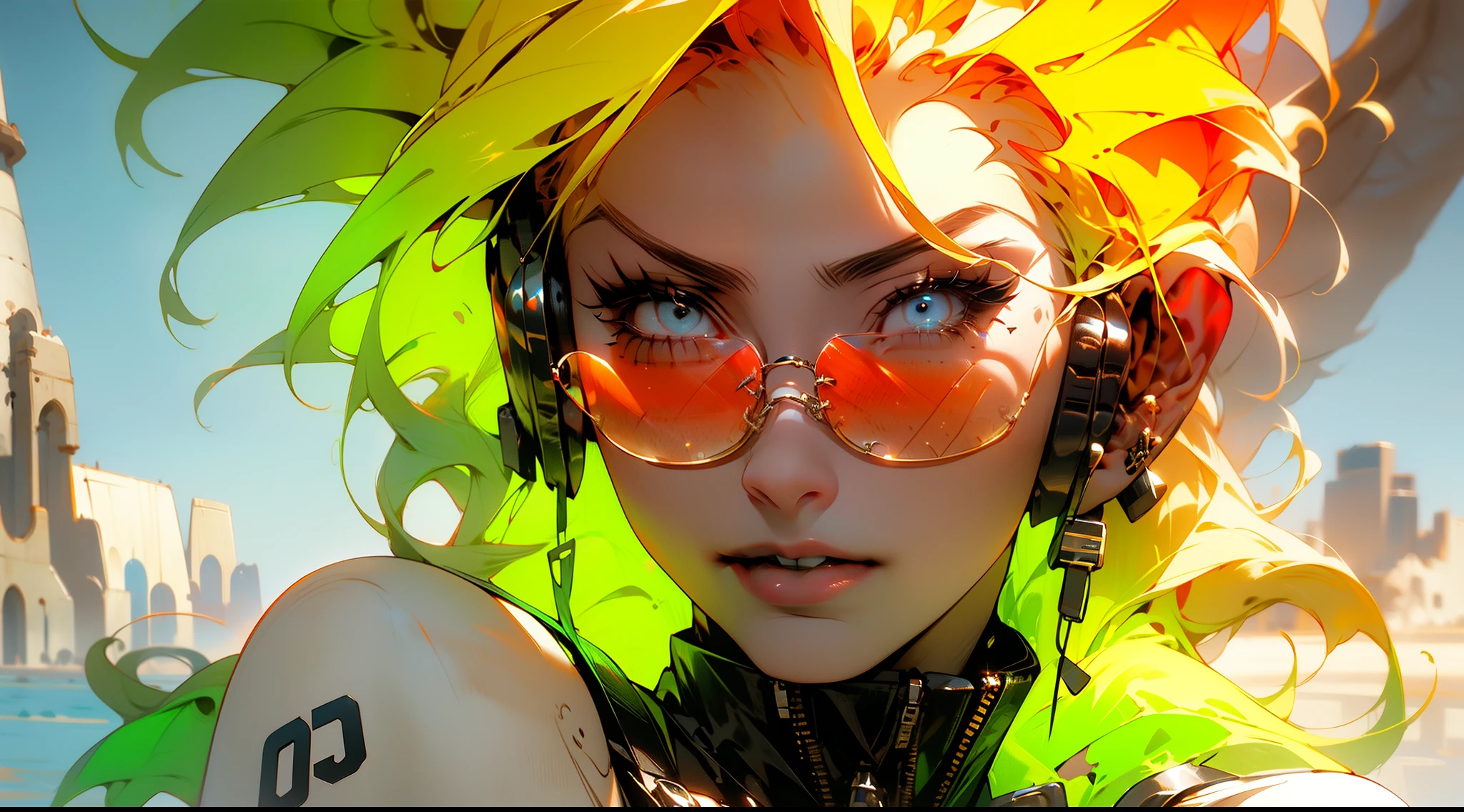 ((best qarity)), ((tmasterpiece)), (A detailed: 1.4), (absurderes),Faraway view,Full body like,Bust, light-skinned lolita with micro bikini,Optical thermography glasses,Battlefield headsets, Genesis Evangelion neon style costume, 2 costumes, Arm tattoos, cybernetic hand, downy, at centre, Scale to fit the dimensions, hdr(HighDynamicRange),Ray traching,NVIDIA RTX,Hyper-Resolution,Unreal 5,Subsurface dispersion,PBR textures,Anisotropy Filtering, depth of fields, Maximum clarity and sharpness, Many-Layer Textures、Albedo e mapas Speculares、Surface coloring、Accurately simulate light-material interactions、perfectly proportioned、rendering by octane、twotonelighting、largeaperture、Low ISO、White balance、trichotomy、8K raw data、crysisnanosuit