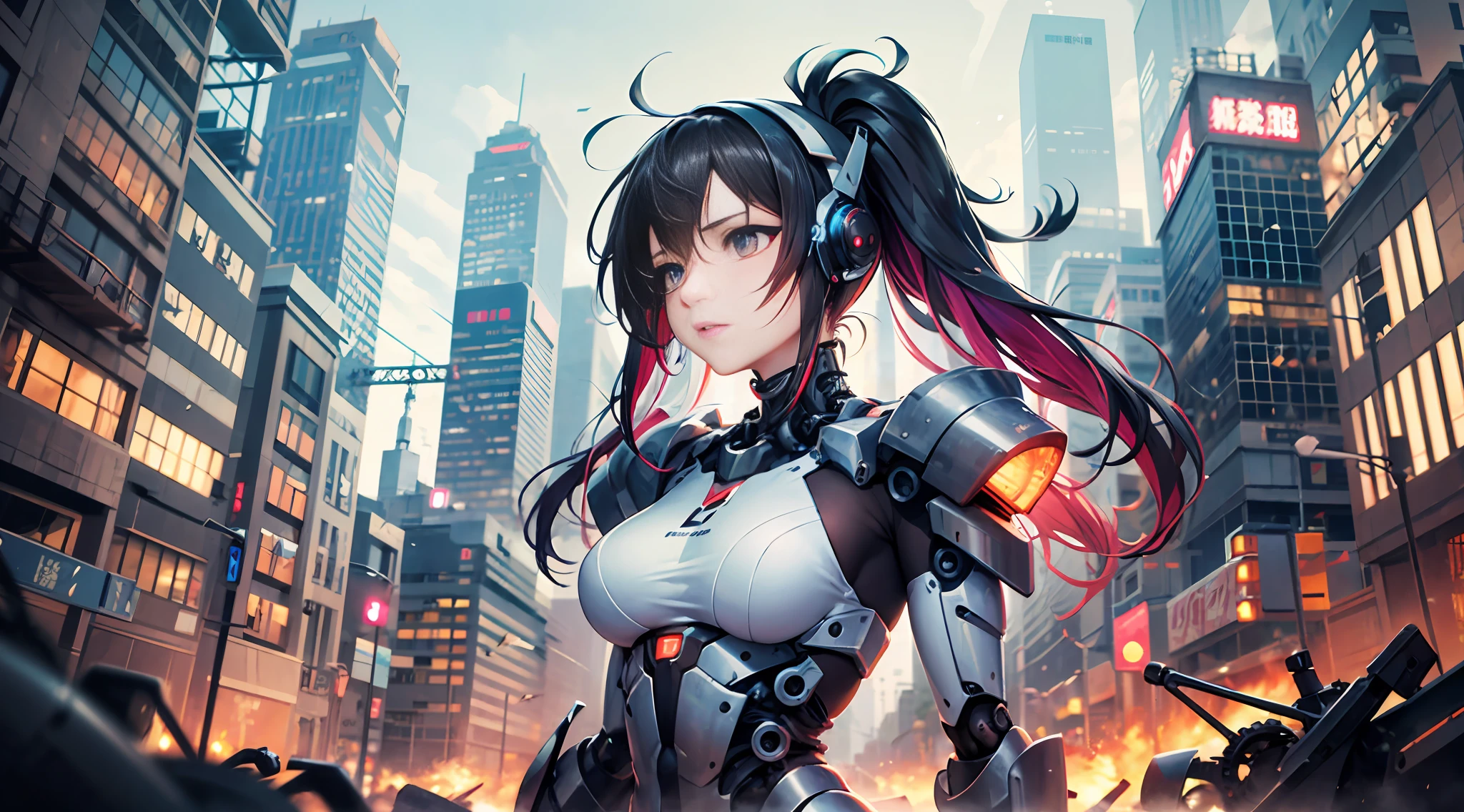 cyber-punk,sci-fy,Mechanical beauty,Complex mechanical structure,Fine pipelines,A large number of mechanical structures,Mechanical skeleton,Human five senses,Refined face,Colorful hair color,flowy,Messy hair,Fighting posture,mechs,废墟,Collapsed buildings,