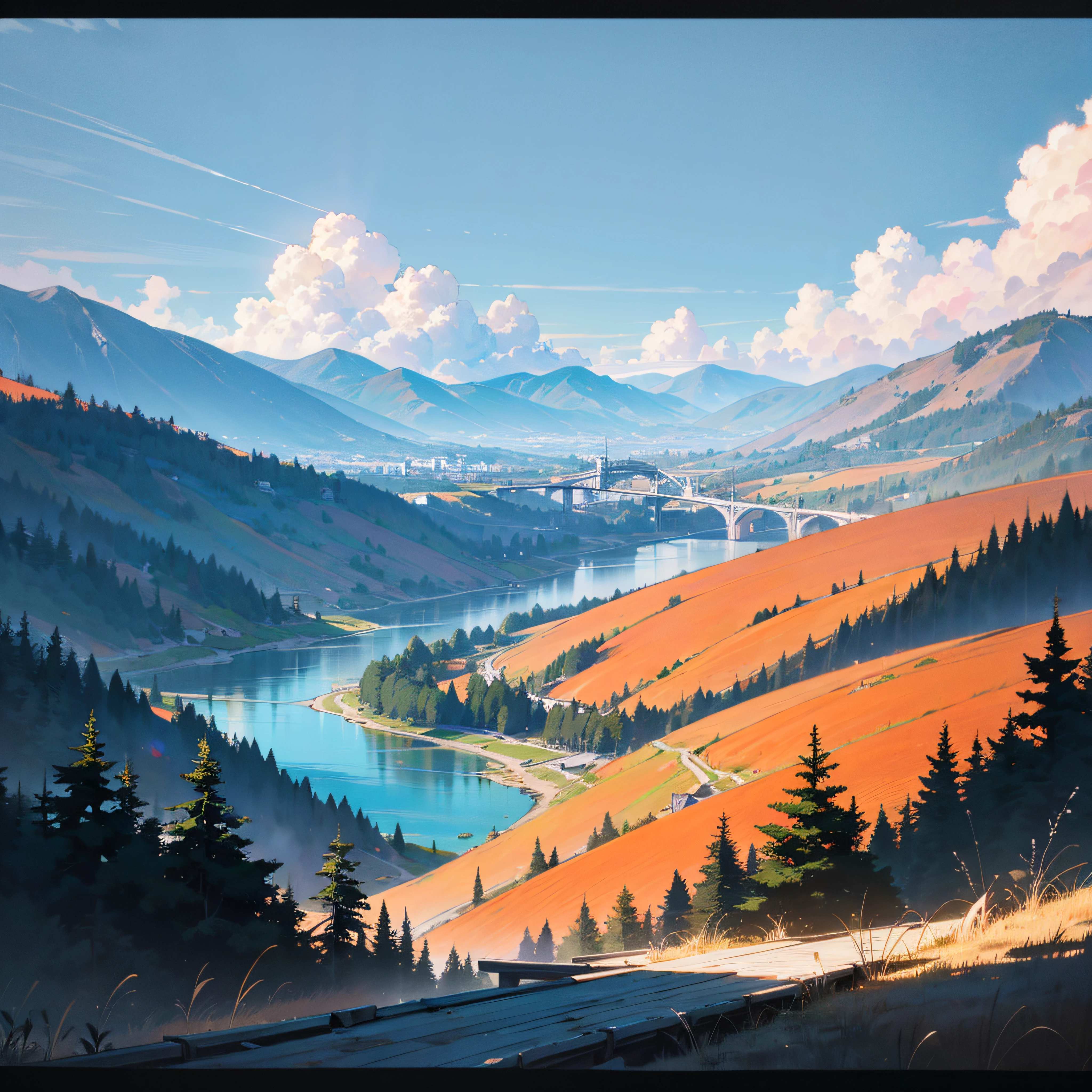 The rivers between the mountains and forests flow gently, and the detailed background rendering of the scenery is a masterpiece. Under the extreme picture quality, the sun gathers into a large aperture during the day, and the clouds are leisurely, looking up at the sky there is a bridge that connects with other cities. --auto
