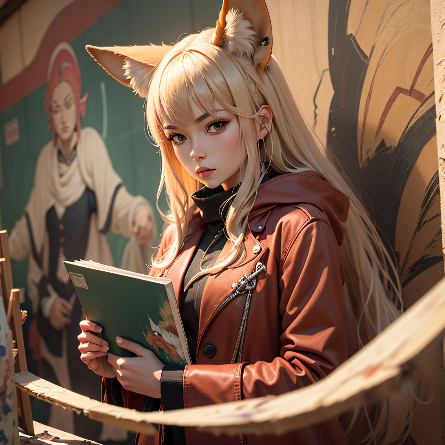 whaite hair，Redcoat，fox demon，Kizi，Dunhuang mural style clothes，painting of a，k hd，